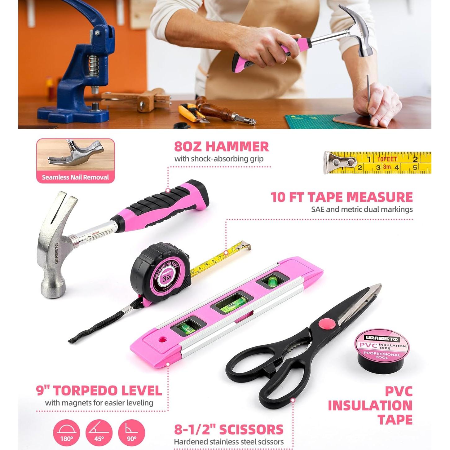 Juego de Herramientas Rosa 136 Piezas con Destornillador 3.6V