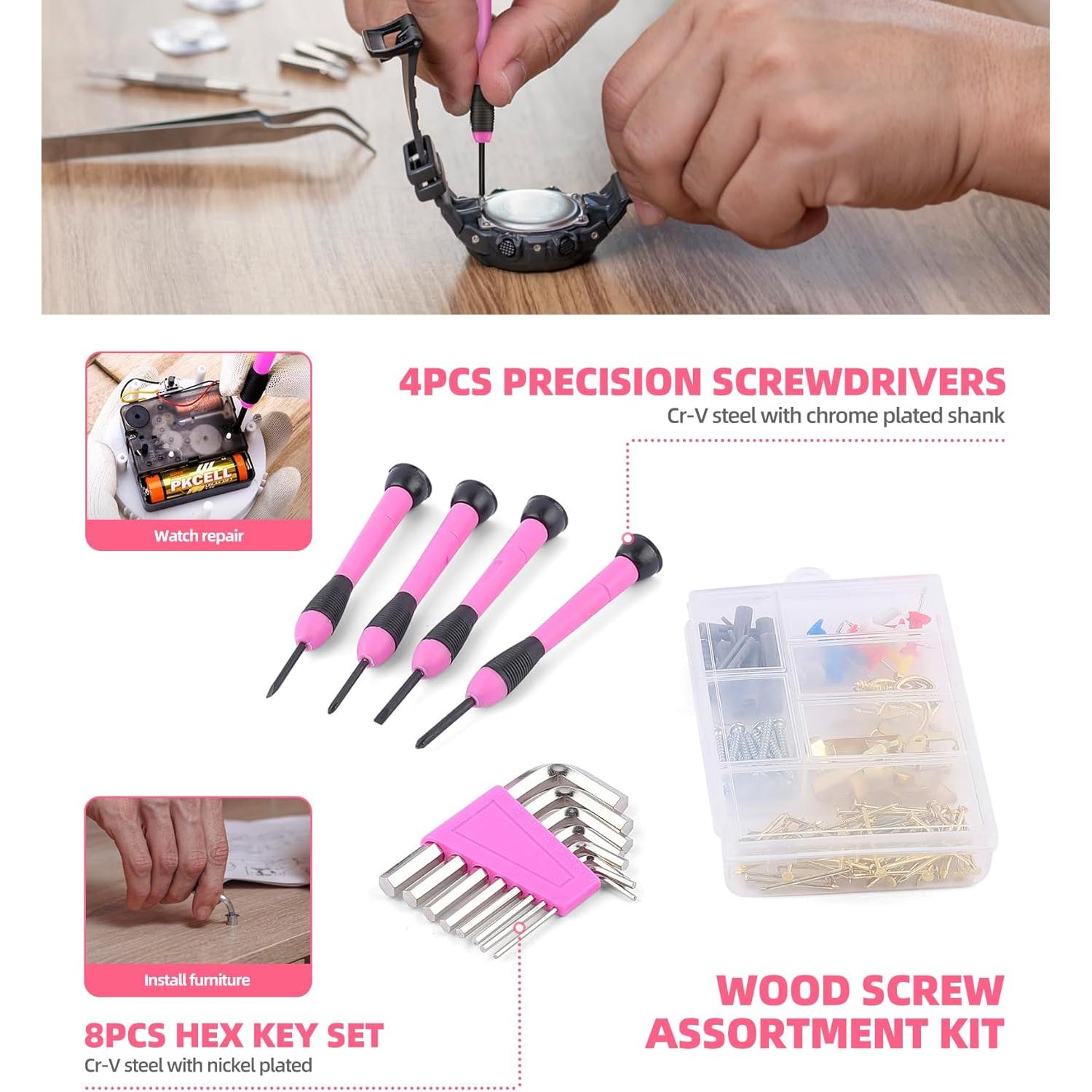 Juego de Herramientas Rosa 136 Piezas con Destornillador 3.6V