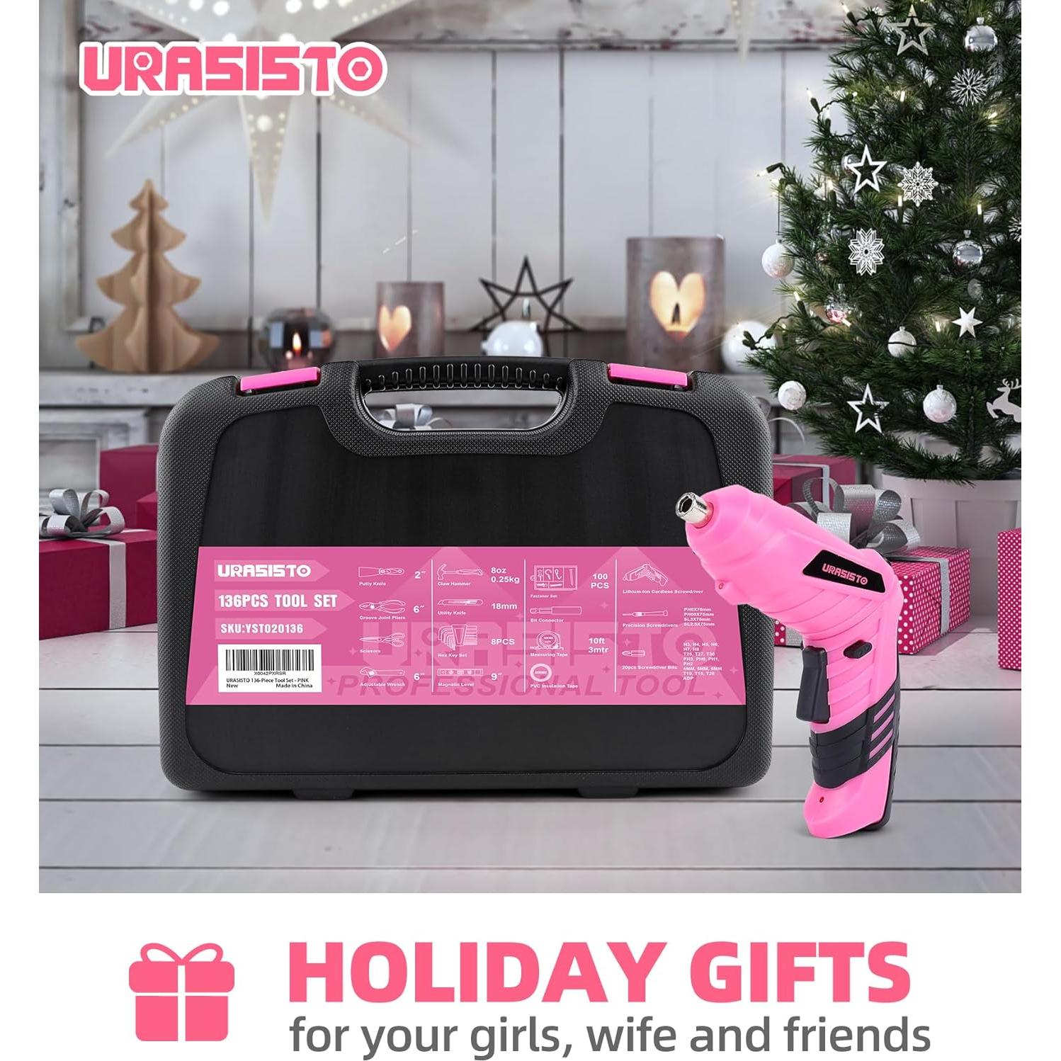 Juego de Herramientas Rosa 136 Piezas con Destornillador 3.6V