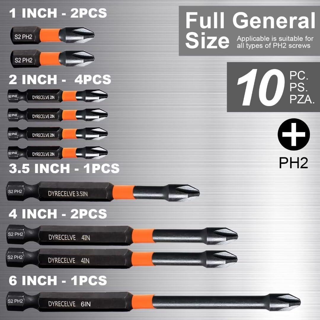 Paquete de 10 Puntas Phillips Magnéticas DYRECELVE PH2 1-6 cm