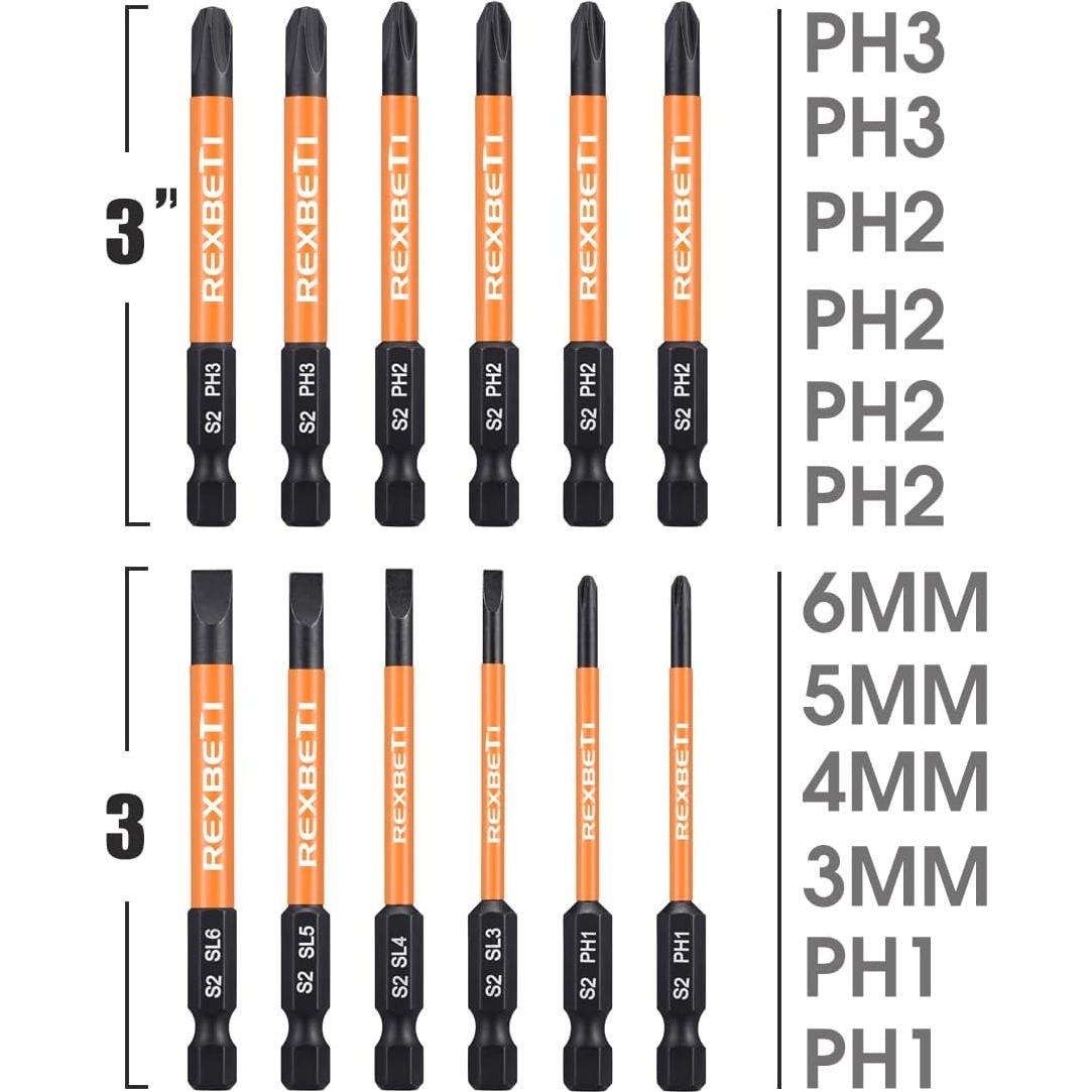 Juego de 12 Puntas Destornillador REXBETI S2 Hexagonal 7.62 cm