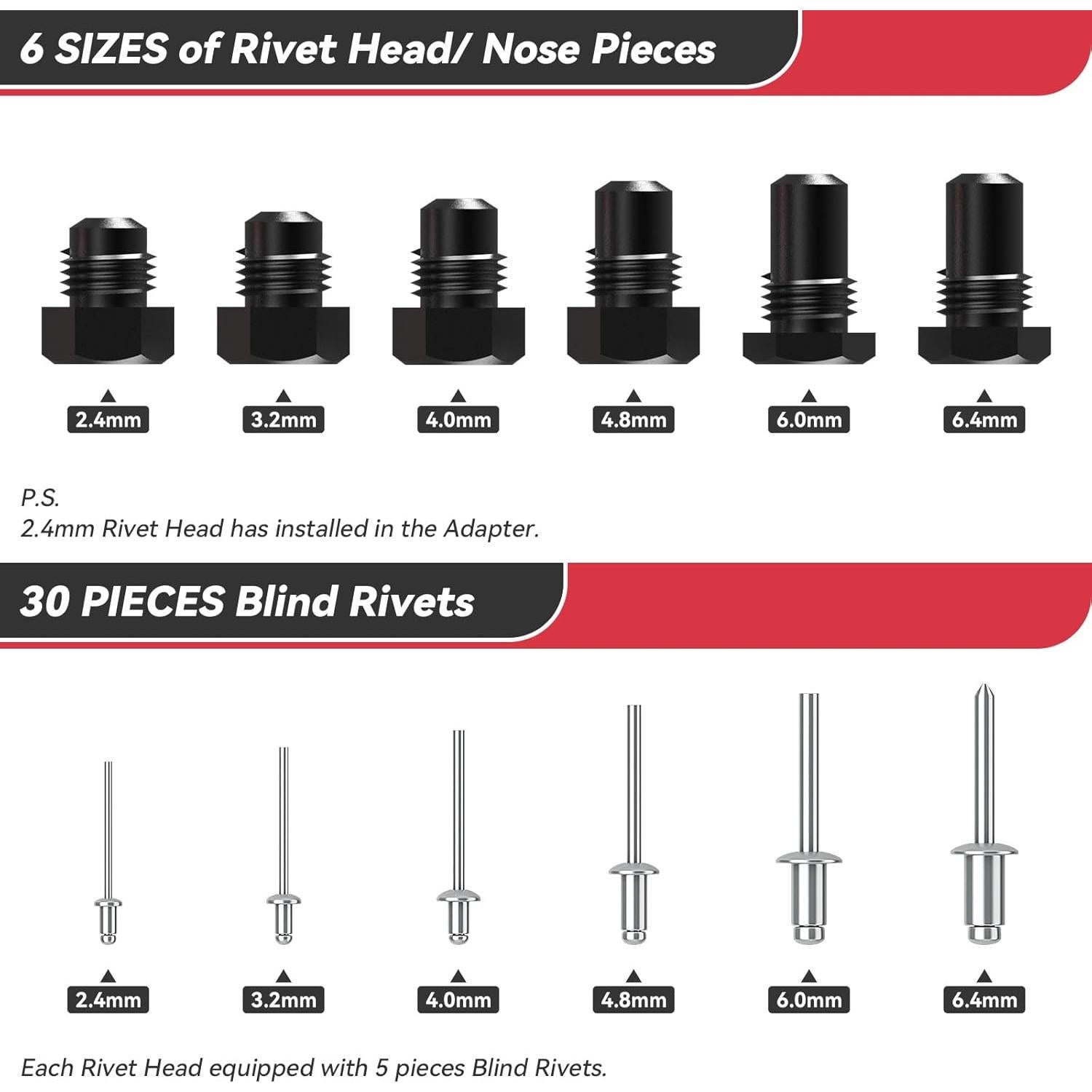 Adaptador de Remaches Inalámbrico Beaspire con 6 Cabezas y 30 Remaches