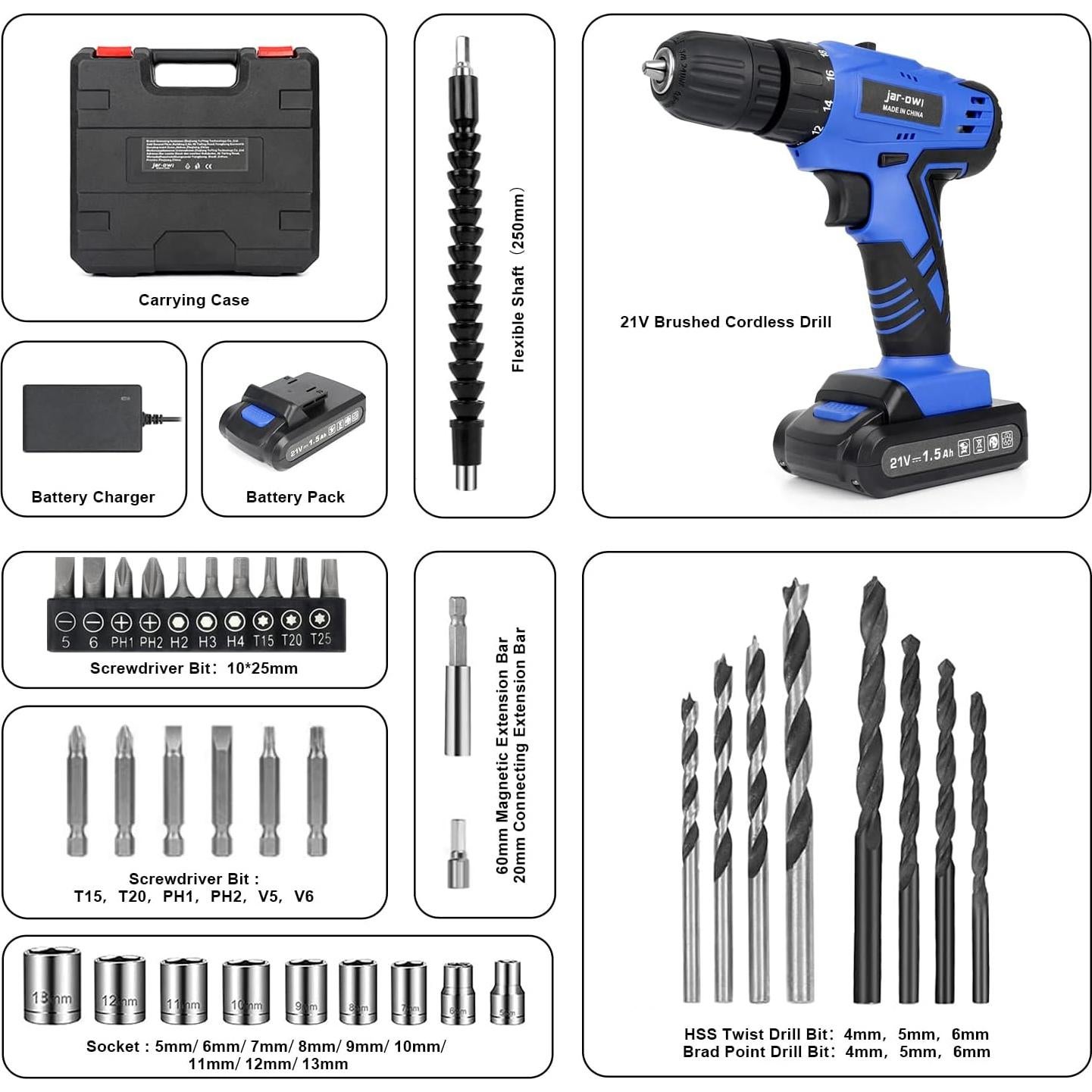 Taladro Inalámbrico Jar-Owl 21V 350 Nm Torque Vel. 0-1350 RPM