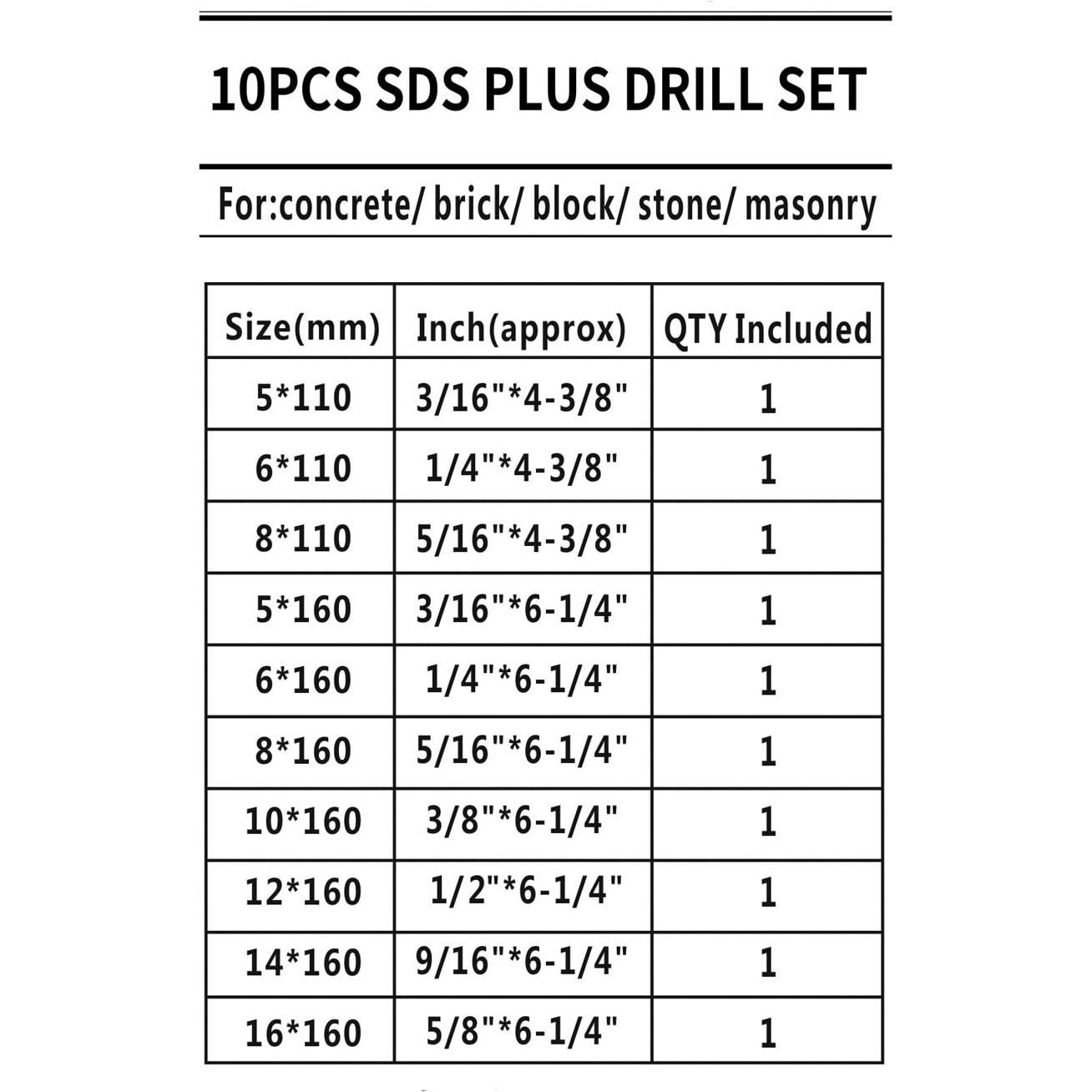 Juego de 10 Brocas SDS-Plus JFOGO para Concreto y Ladrillo