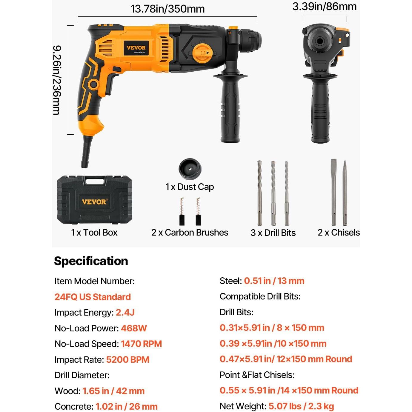 Taladro Rotomartillo VEVOR SDS-Plus 800W 2.54cm 8A