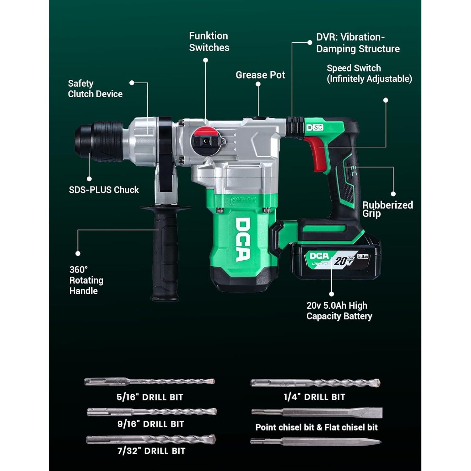 Taladro de Martillo Rotativo DCA 20V 900W 4.5J Sin Cable