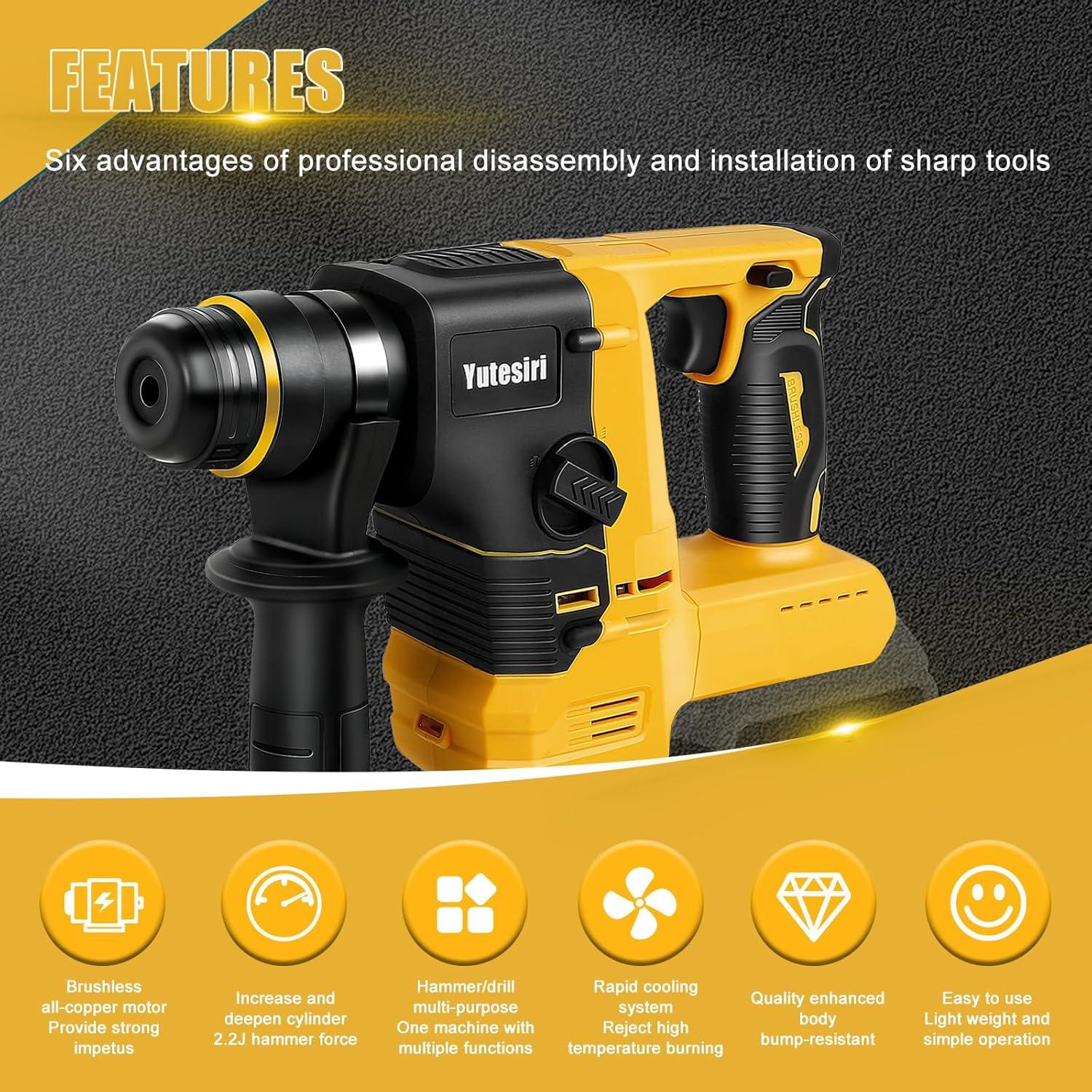 Rotary Hammer Drill for Dewalt 20V MAX Battery, Brushless Cordless with Safety Clutch for Concrete/Masonry,1400 RPM,2 Application Modes with 360°Auxiliary Handle, Including 4 Drill Bits