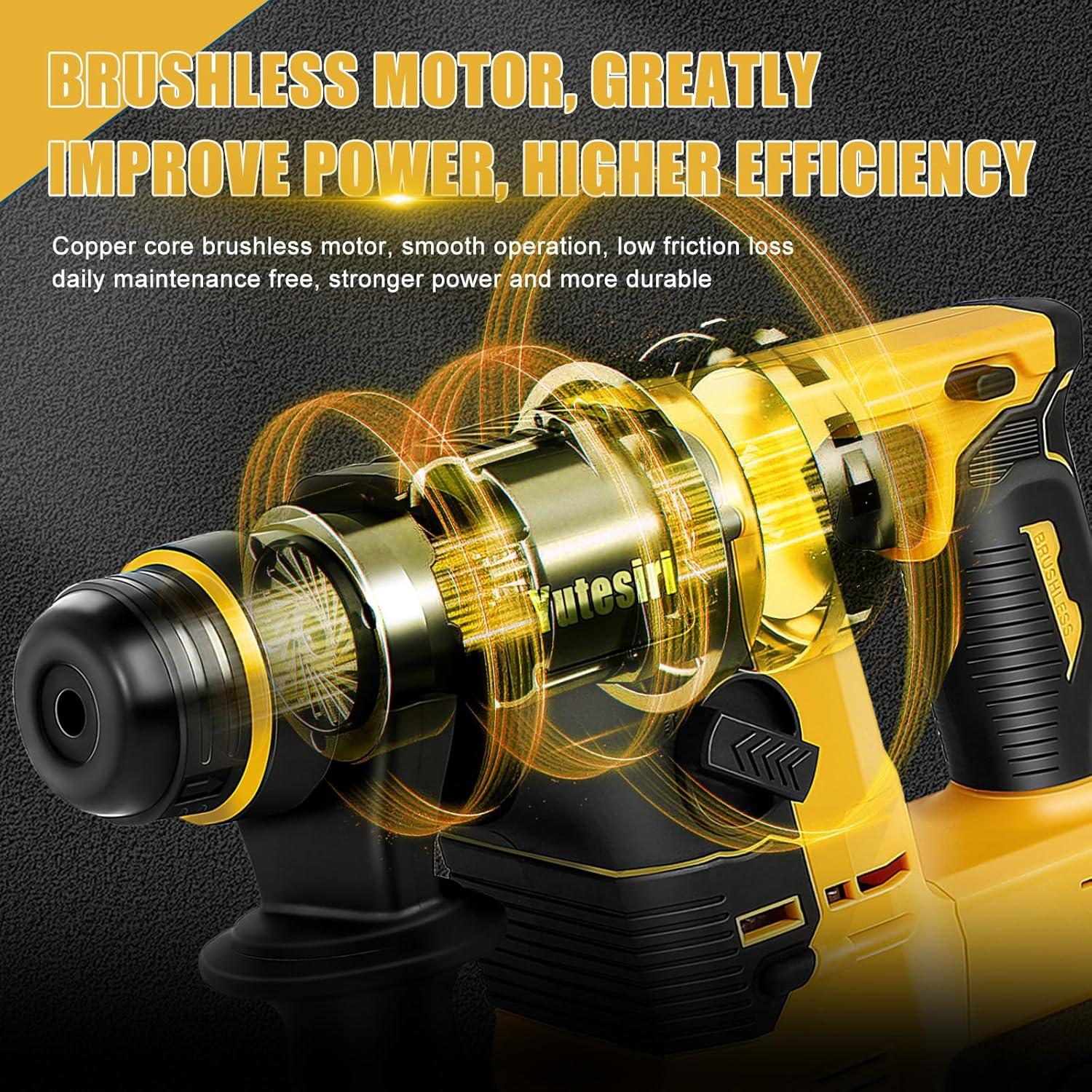 Rotary Hammer Drill for Dewalt 20V MAX Battery, Brushless Cordless with Safety Clutch for Concrete/Masonry,1400 RPM,2 Application Modes with 360°Auxiliary Handle, Including 4 Drill Bits