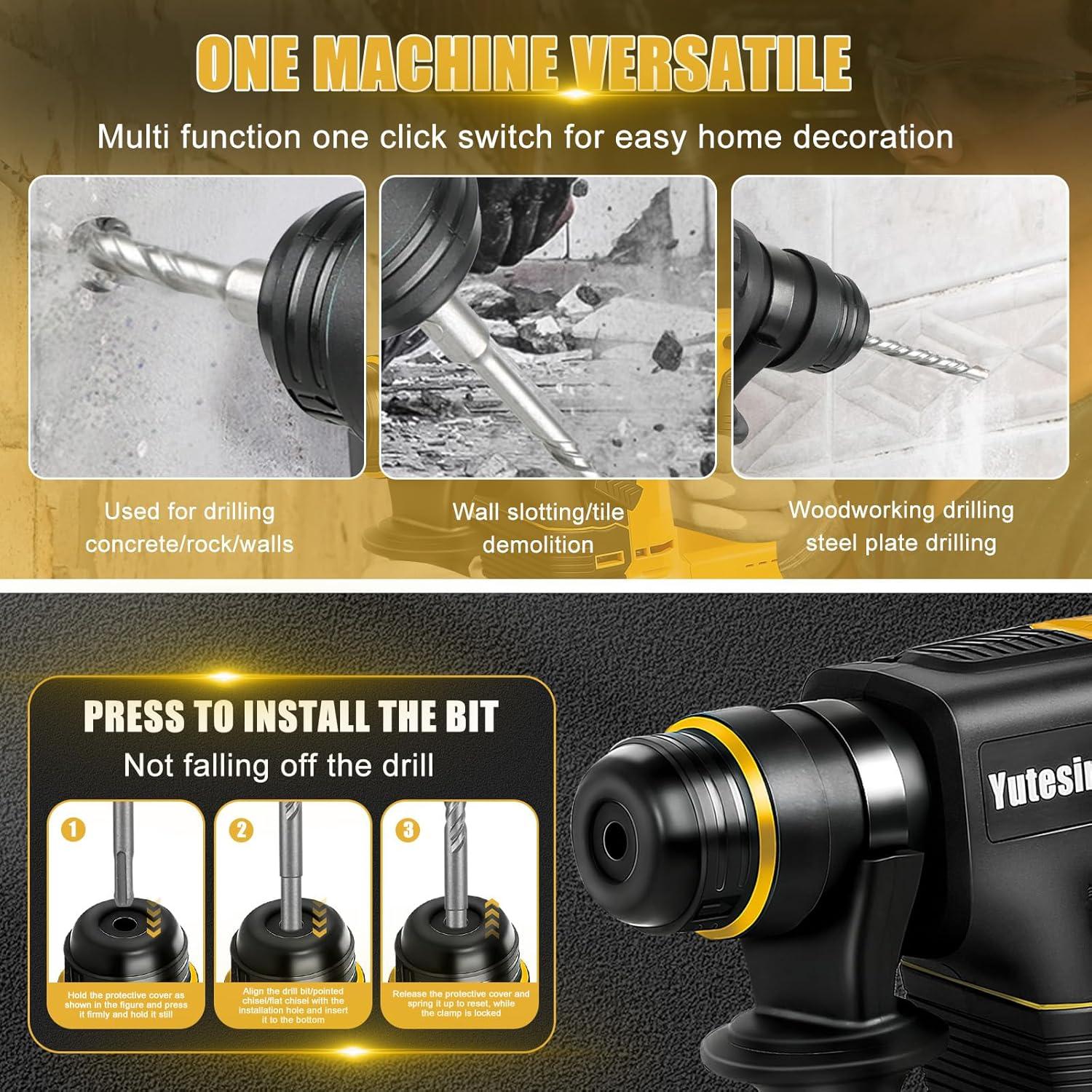 Rotary Hammer Drill for Dewalt 20V MAX Battery, Brushless Cordless with Safety Clutch for Concrete/Masonry,1400 RPM,2 Application Modes with 360°Auxiliary Handle, Including 4 Drill Bits