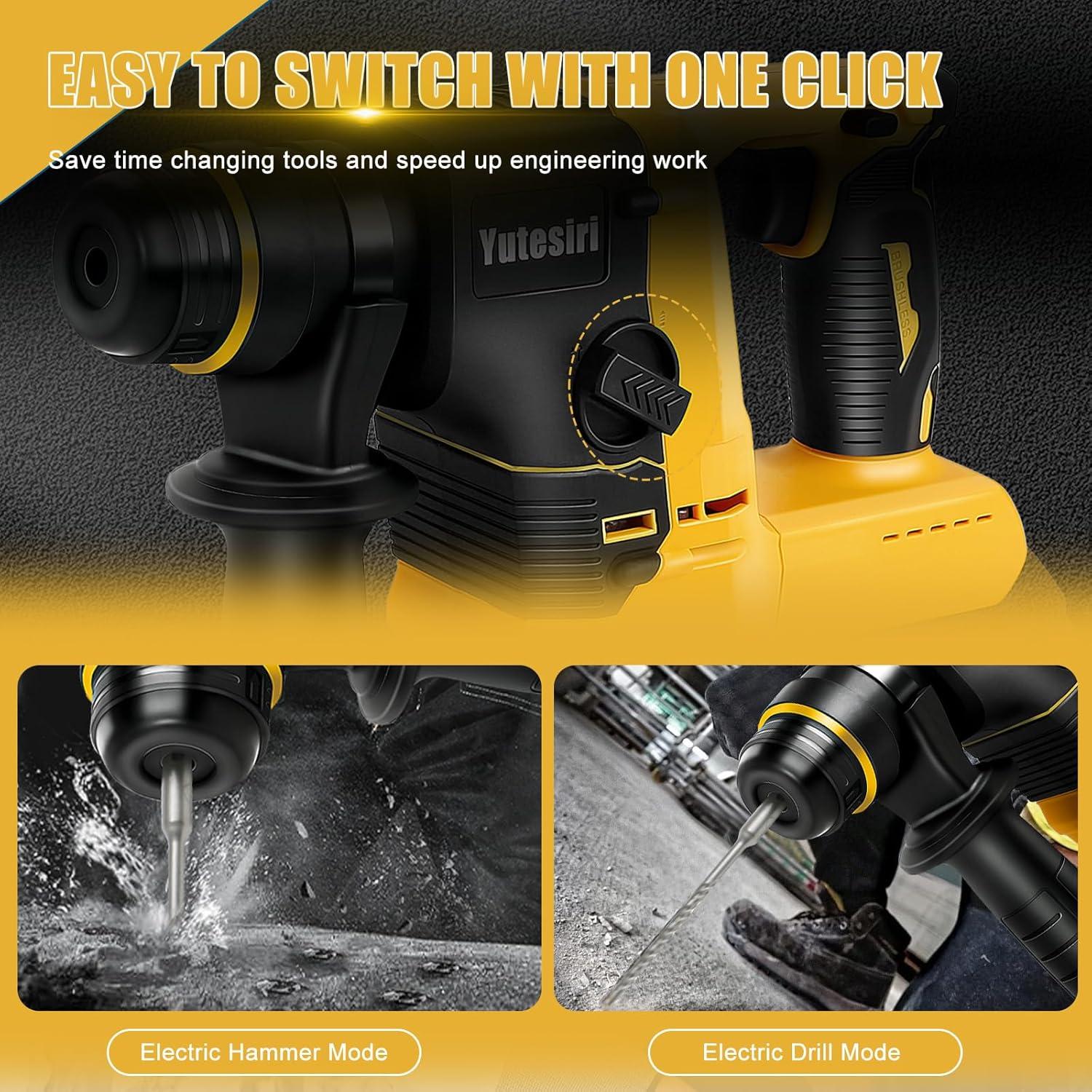 Rotary Hammer Drill for Dewalt 20V MAX Battery, Brushless Cordless with Safety Clutch for Concrete/Masonry,1400 RPM,2 Application Modes with 360°Auxiliary Handle, Including 4 Drill Bits
