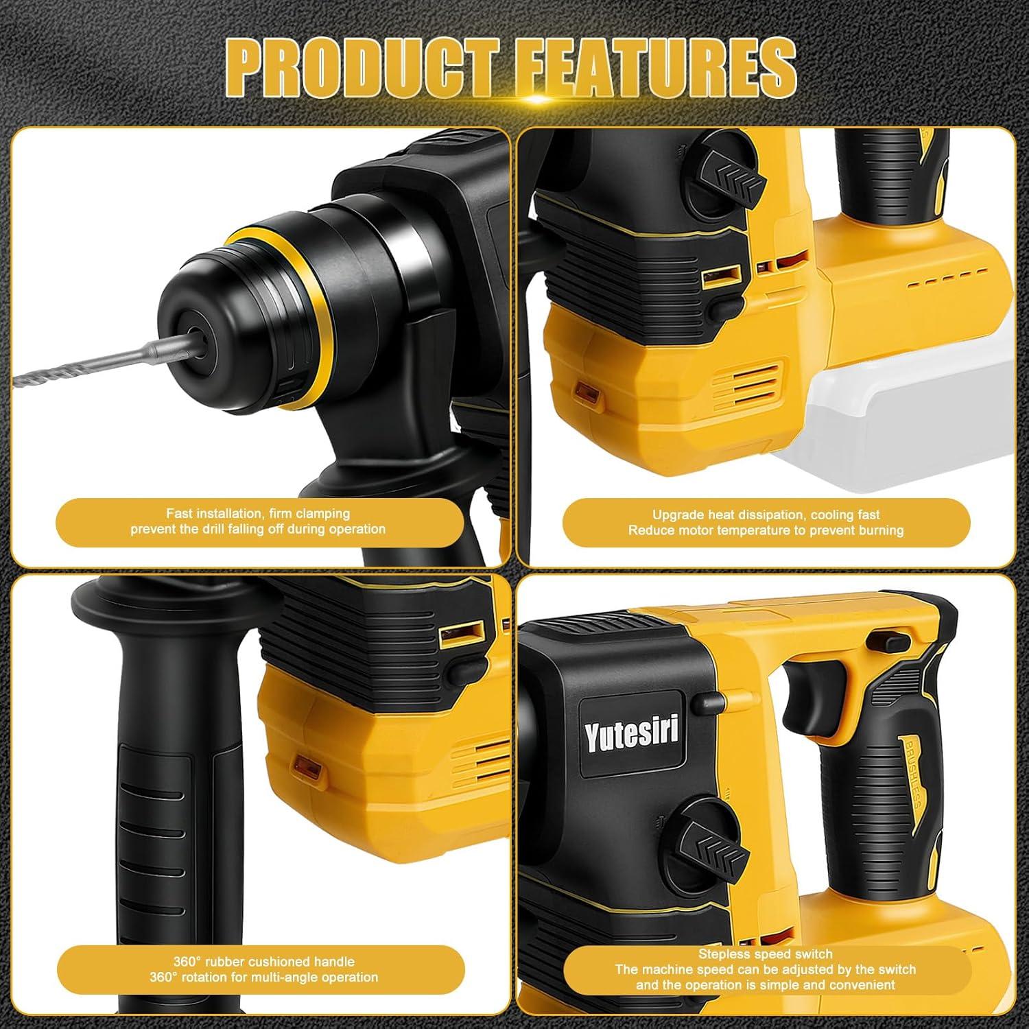 Rotary Hammer Drill for Dewalt 20V MAX Battery, Brushless Cordless with Safety Clutch for Concrete/Masonry,1400 RPM,2 Application Modes with 360°Auxiliary Handle, Including 4 Drill Bits