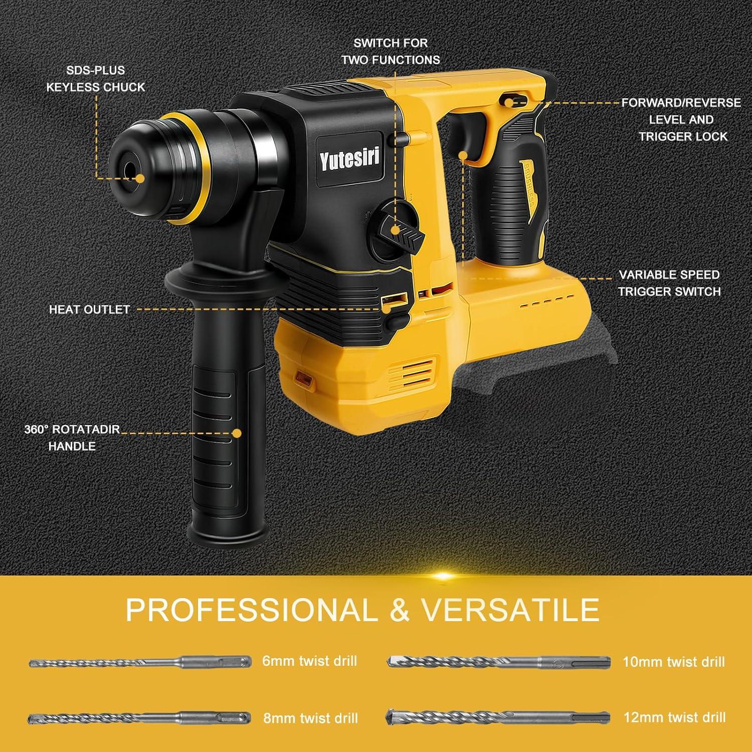 Rotary Hammer Drill for Dewalt 20V MAX Battery, Brushless Cordless with Safety Clutch for Concrete/Masonry,1400 RPM,2 Application Modes with 360°Auxiliary Handle, Including 4 Drill Bits