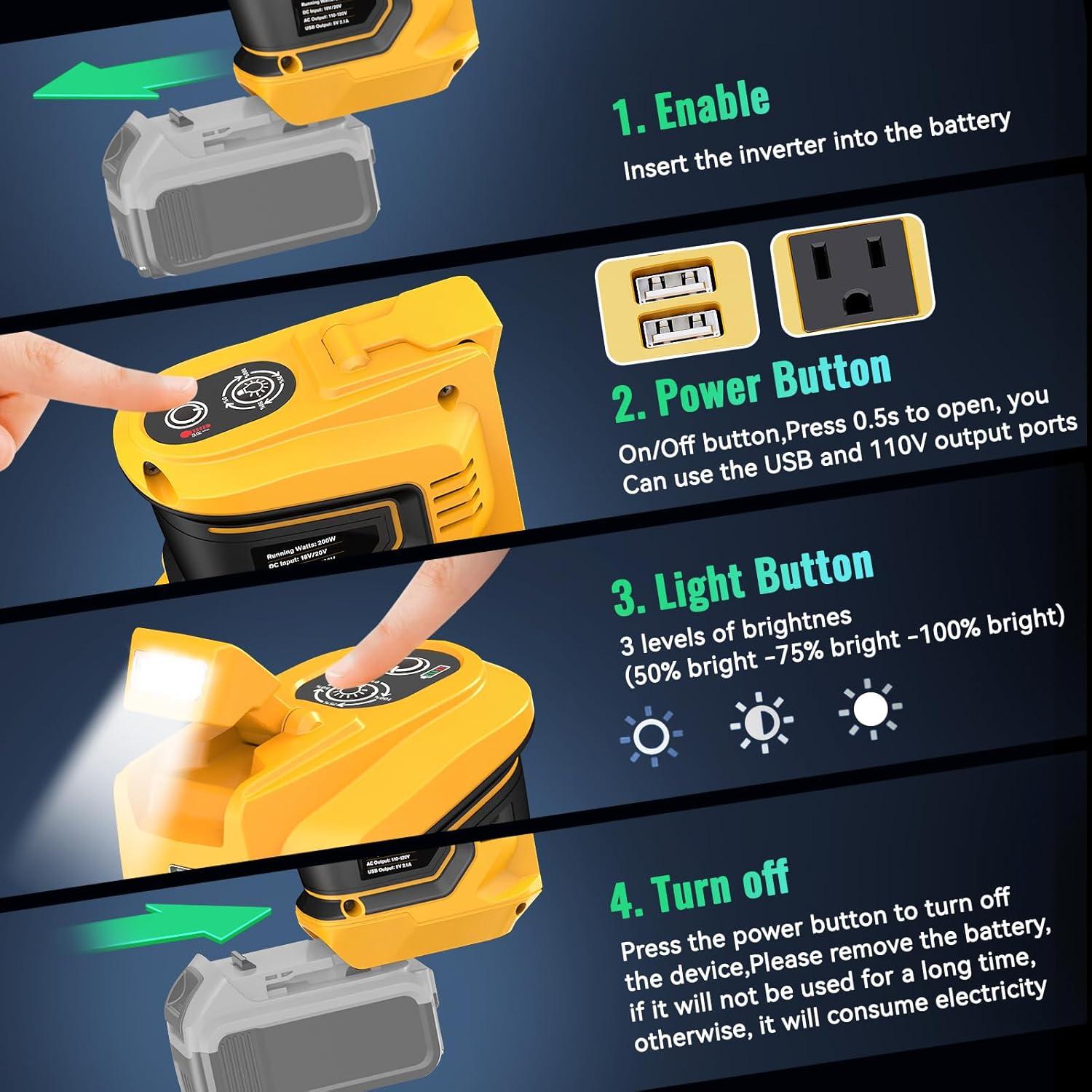 Inversor de Potencia 200W Ecarke para Batería DeWALT 20V