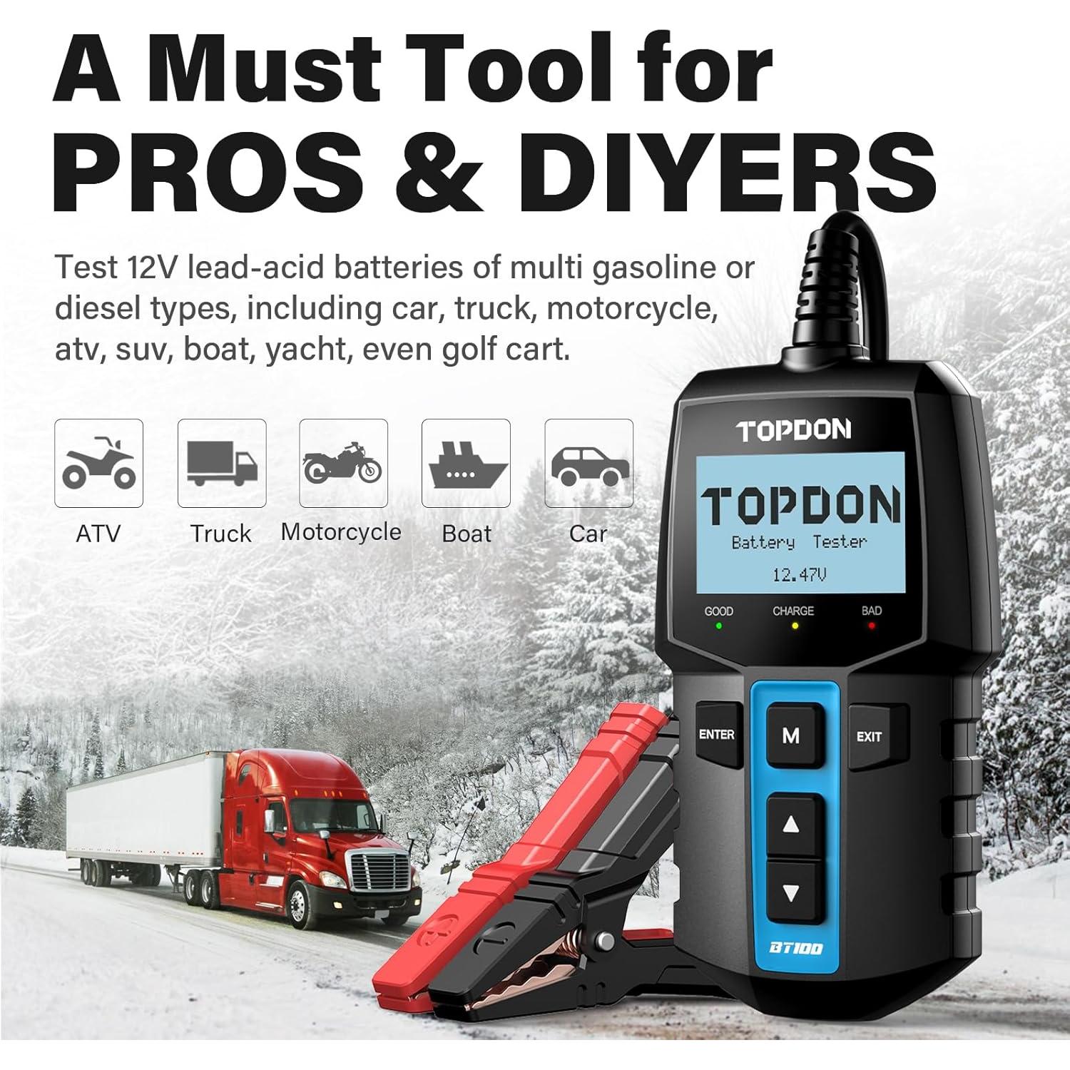 Probador de Batería TOPDON BT100 12V para Autos y Barcos