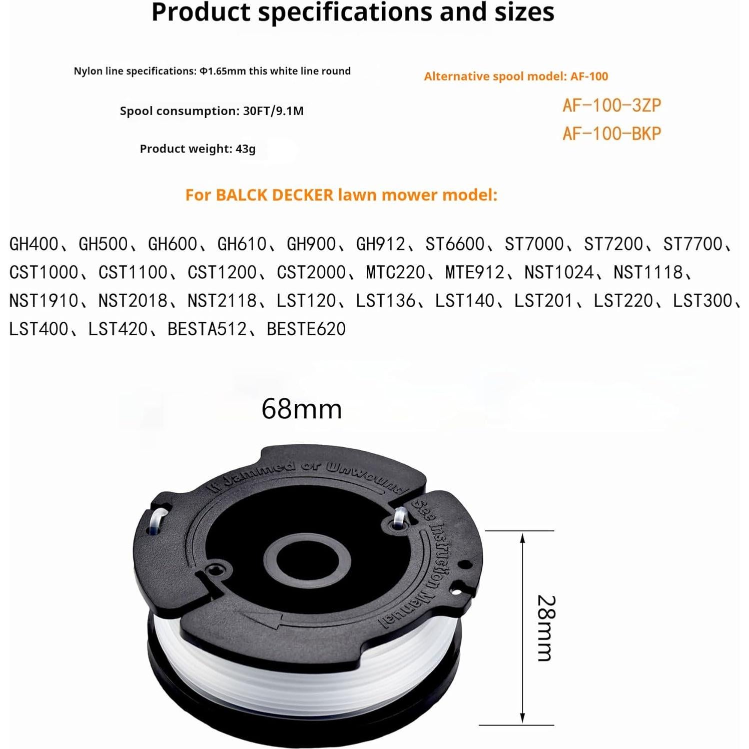 AF100 Replacement Spool for Black and Decker AF-100-3ZP, 30-Foot, 0.065-Inch Trimmer Line Replacement, Compatible with GH900, GH600, GH610 String Trimmers