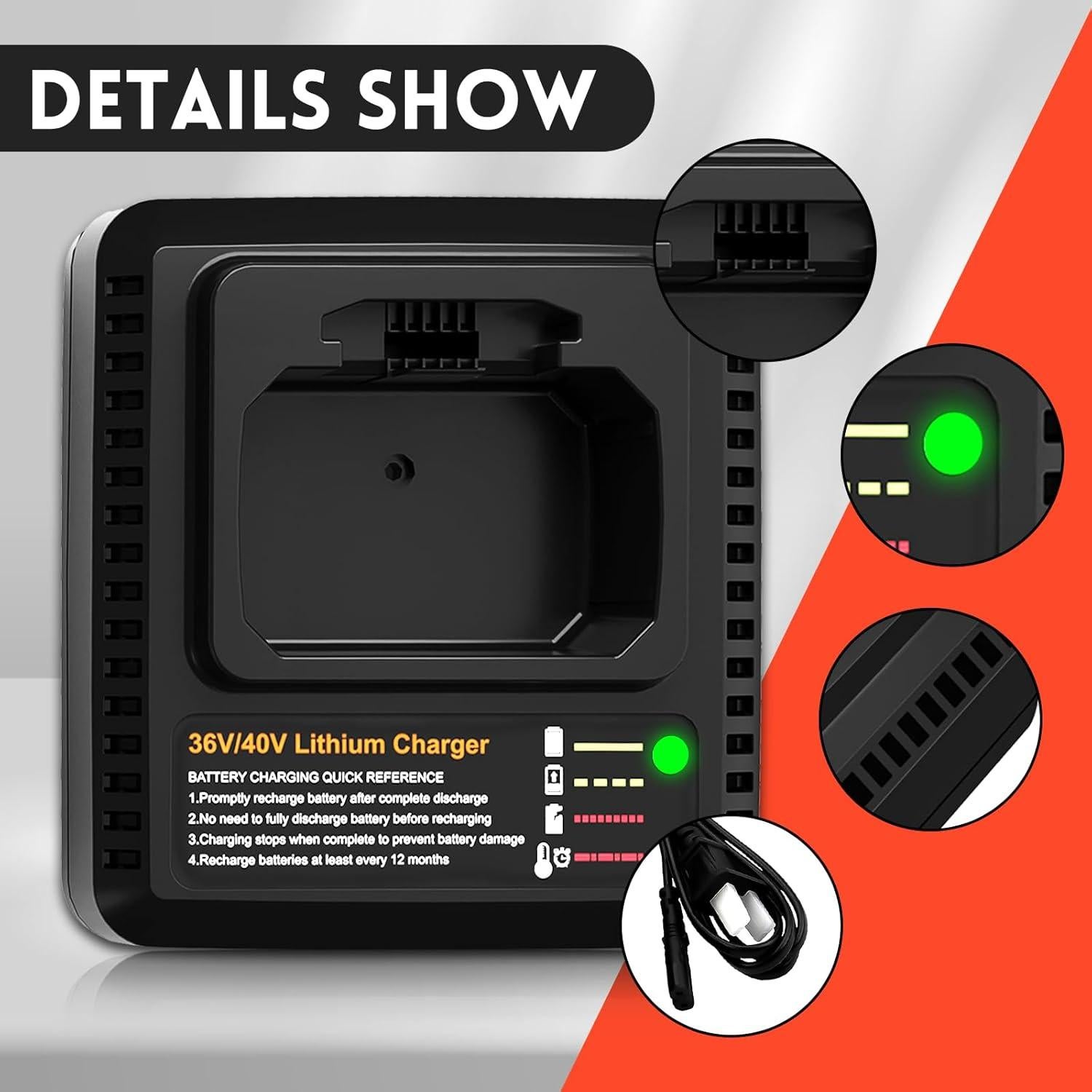 2Packs 3000mAh 40V LBX2040 Replacement Battery and Charger Compatible with Black and Decker 40 Volt Battery Lithium LBX2040 LBXR36 LBXR2036 LST540 LCS1240 LBX1540 LST136W Cordless Power Tool (Orange)