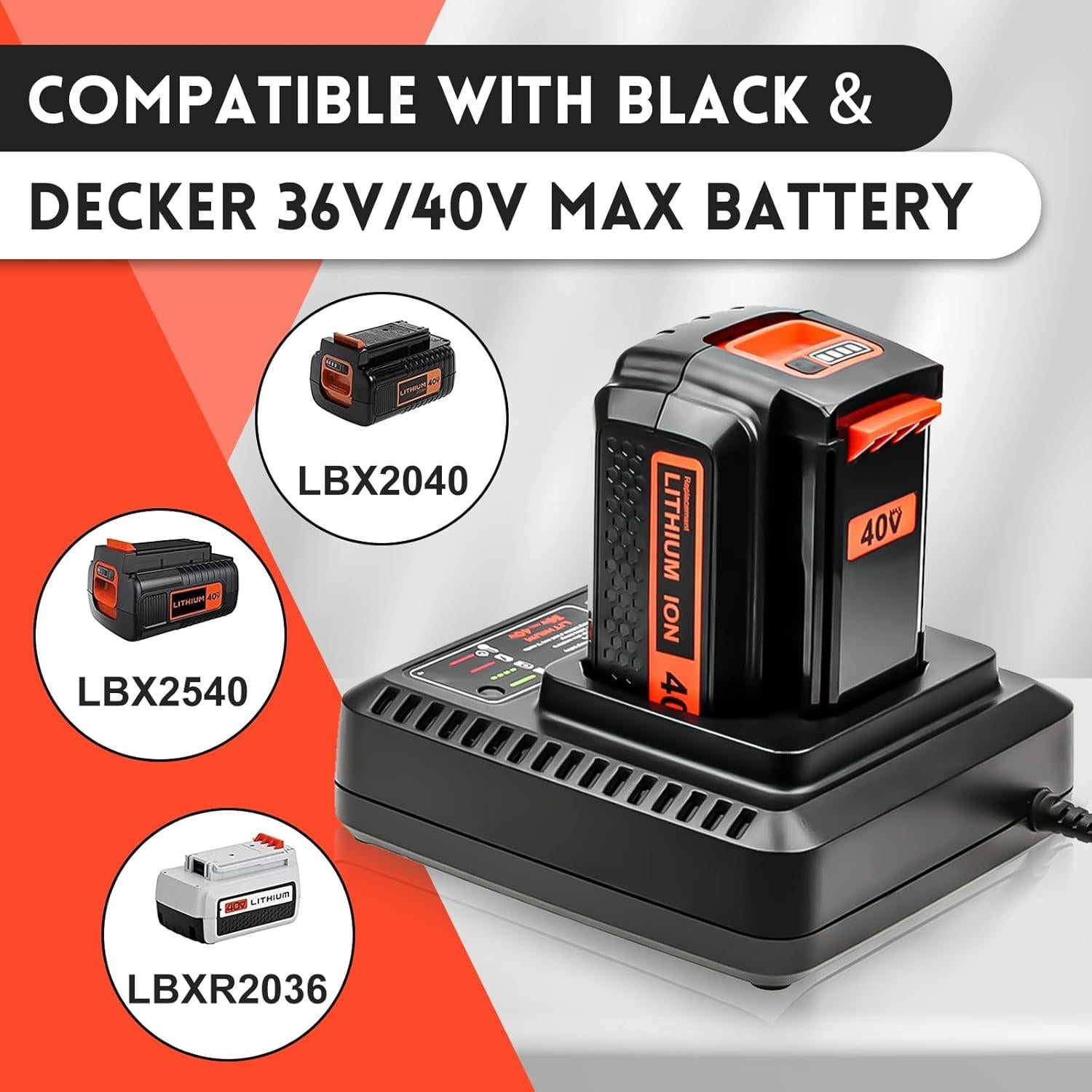 2Packs 3000mAh 40V LBX2040 Replacement Battery and Charger Compatible with Black and Decker 40 Volt Battery Lithium LBX2040 LBXR36 LBXR2036 LST540 LCS1240 LBX1540 LST136W Cordless Power Tool (Orange)