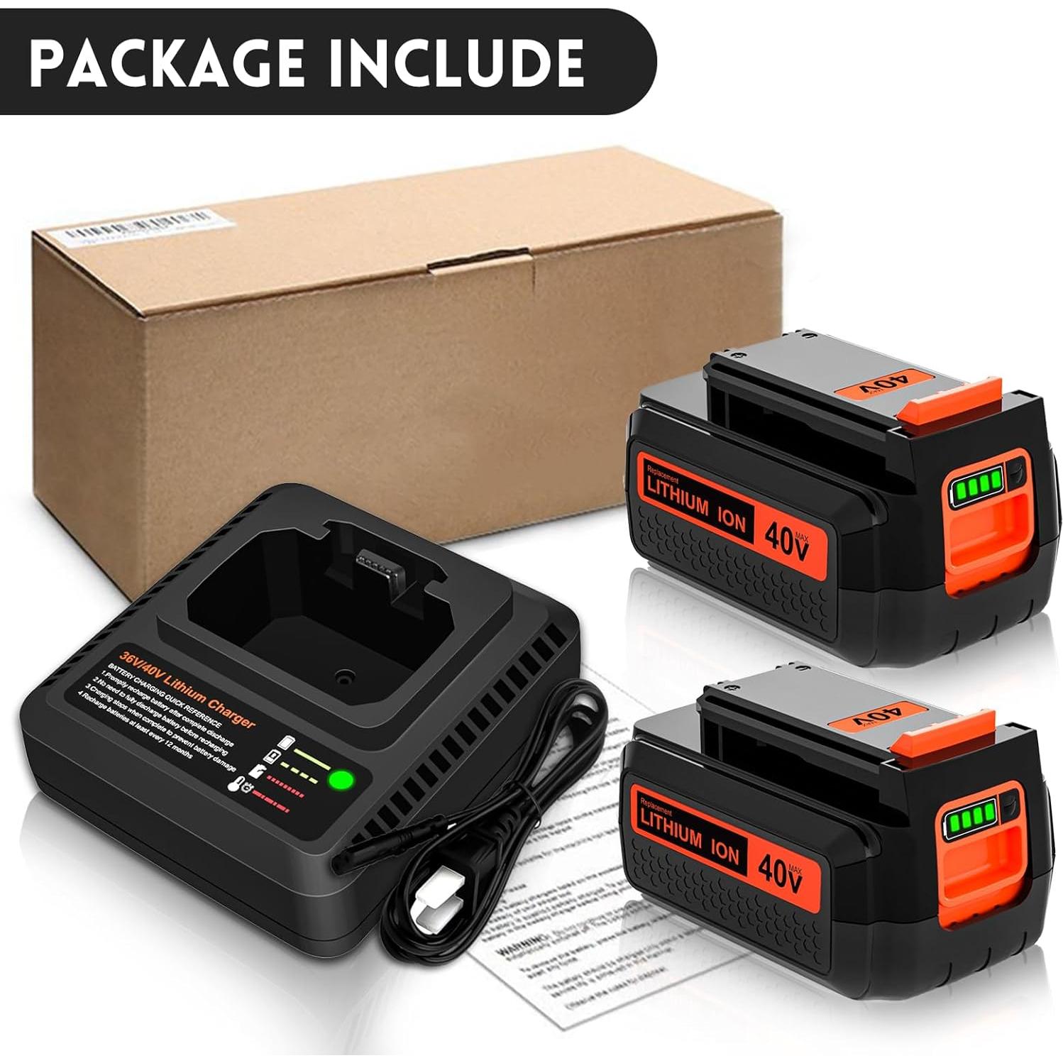 2Packs 3000mAh 40V LBX2040 Replacement Battery and Charger Compatible with Black and Decker 40 Volt Battery Lithium LBX2040 LBXR36 LBXR2036 LST540 LCS1240 LBX1540 LST136W Cordless Power Tool (Orange)