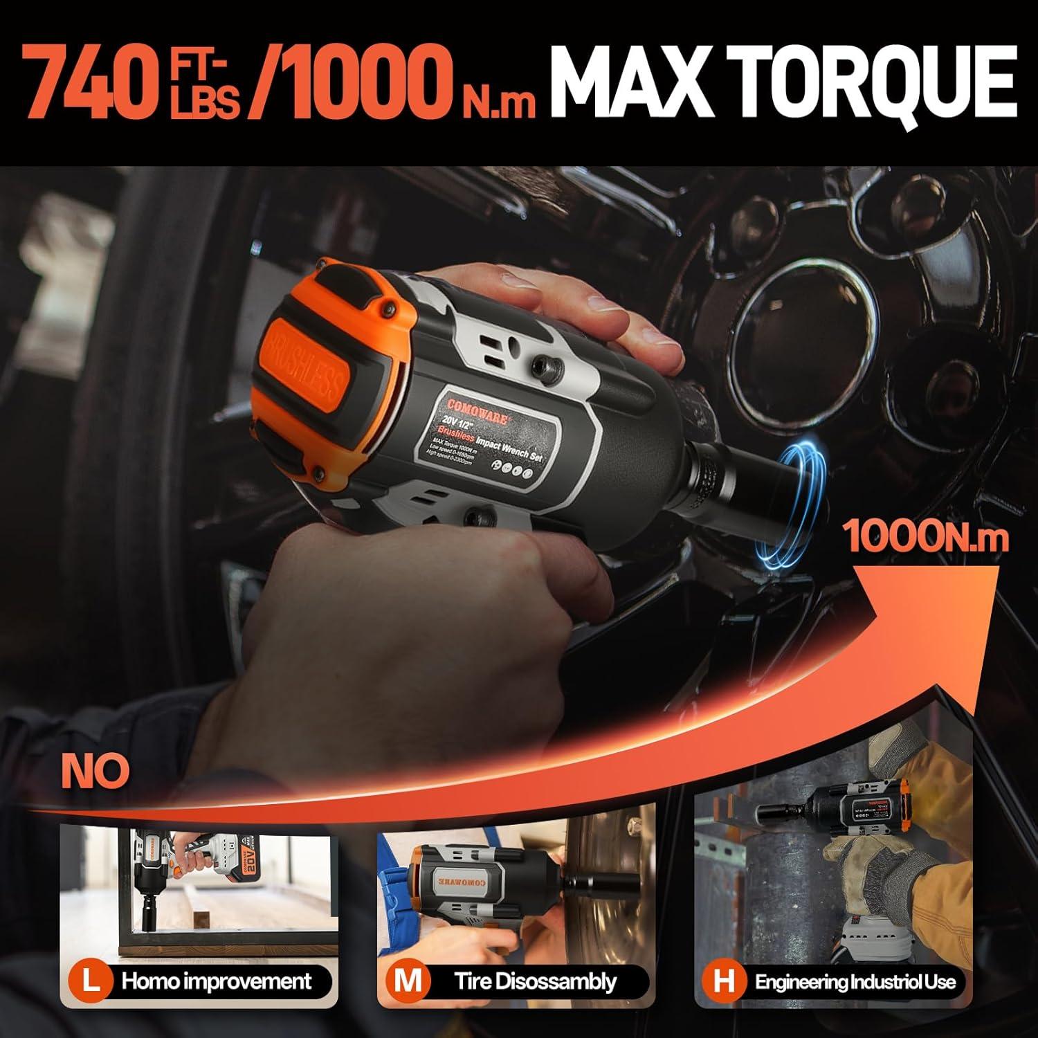 Llave de Impacto Inalámbrica COMOWARE 20V 1000N.m 2 Baterías