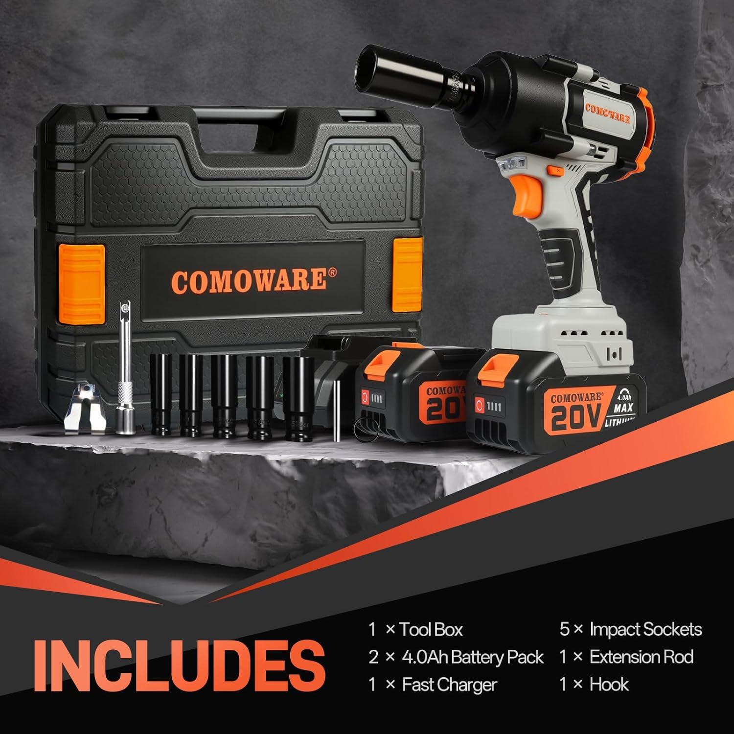 Llave de Impacto Inalámbrica COMOWARE 20V 1000N.m 2 Baterías