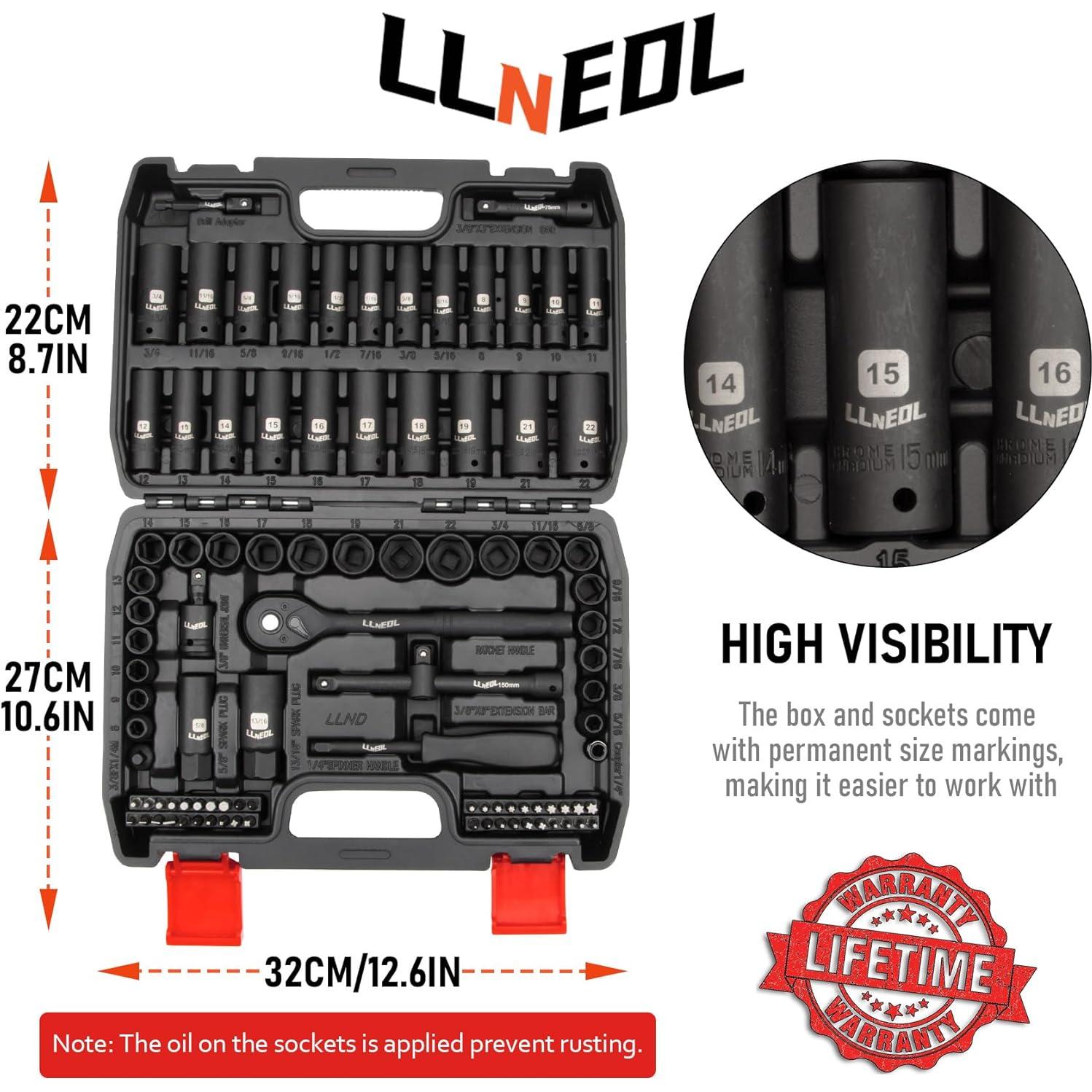 Juego de Enchufes de Impacto 3/8 LLNEDL 95 Piezas Métrico y SAE