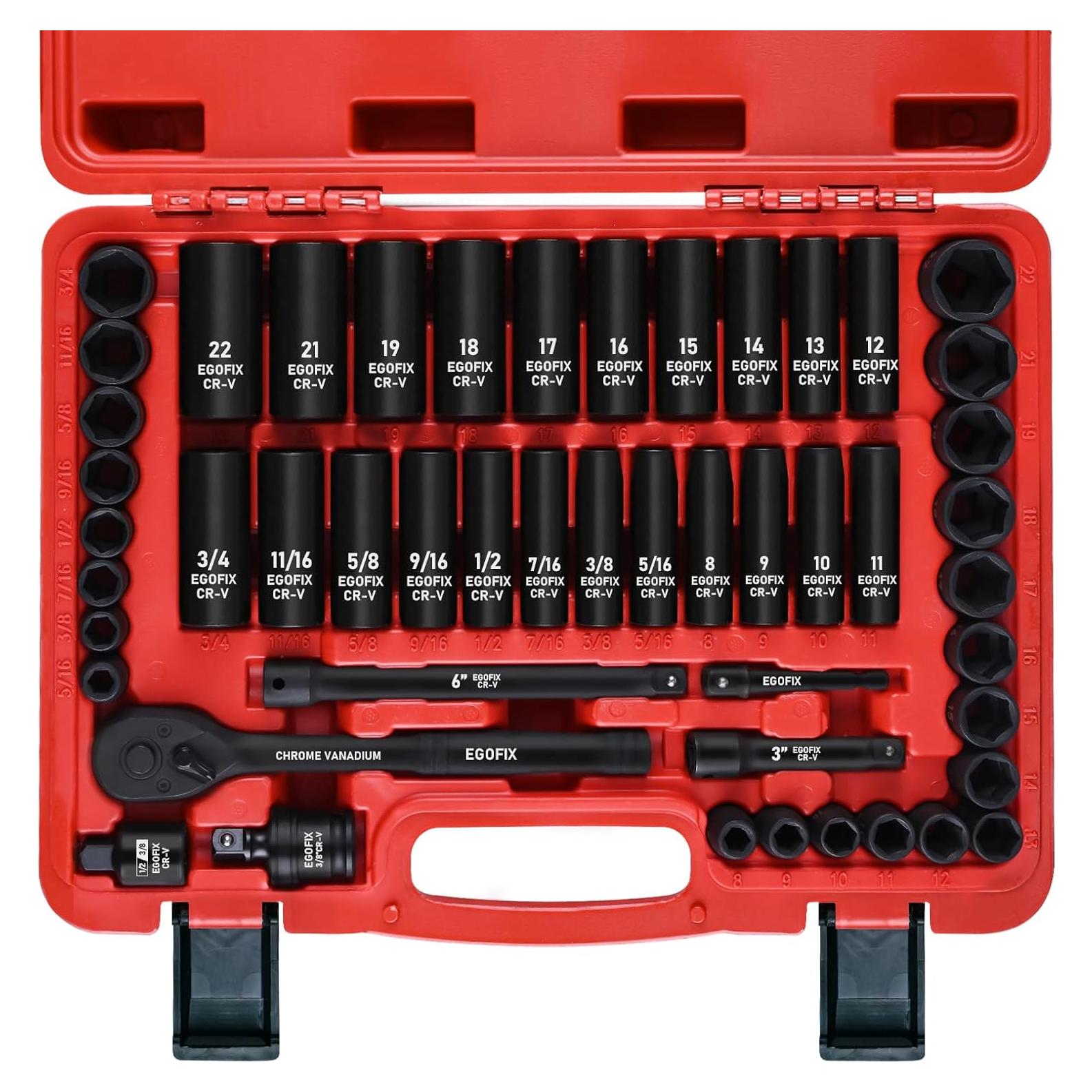 Juego de Enchufes de Impacto EGOFIX 50 Piezas 3/8" SAE y Métrico