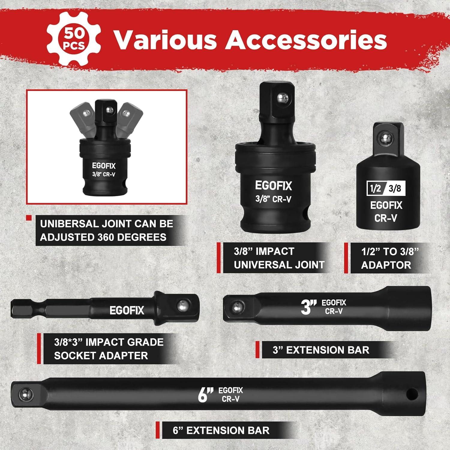 Juego de Enchufes de Impacto EGOFIX 50 Piezas 3/8" SAE y Métrico