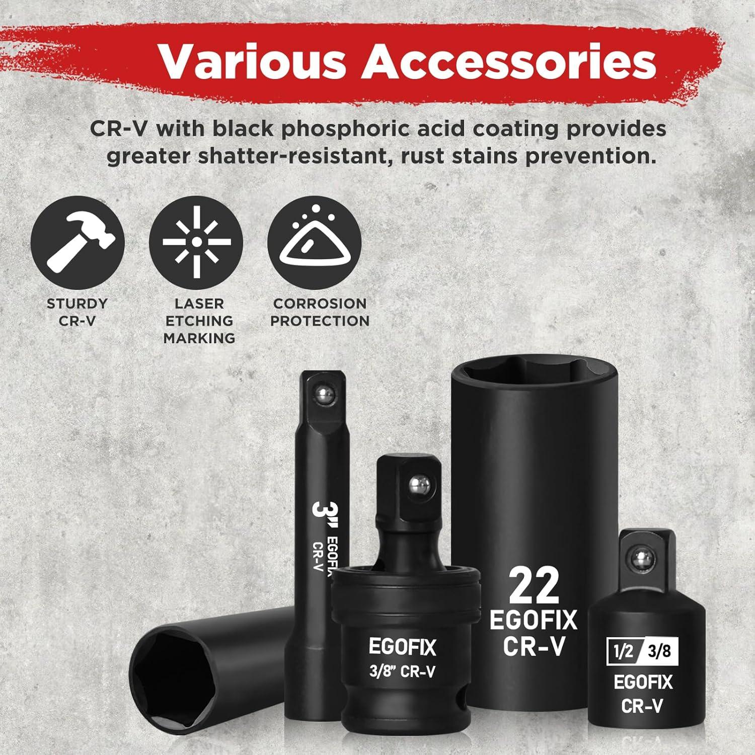 Juego de Enchufes de Impacto EGOFIX 50 Piezas 3/8" SAE y Métrico