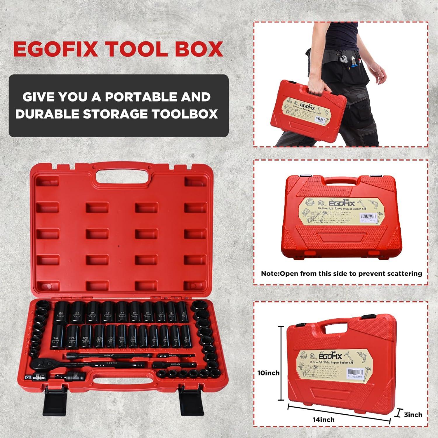 Juego de Enchufes de Impacto EGOFIX 50 Piezas 3/8" SAE y Métrico