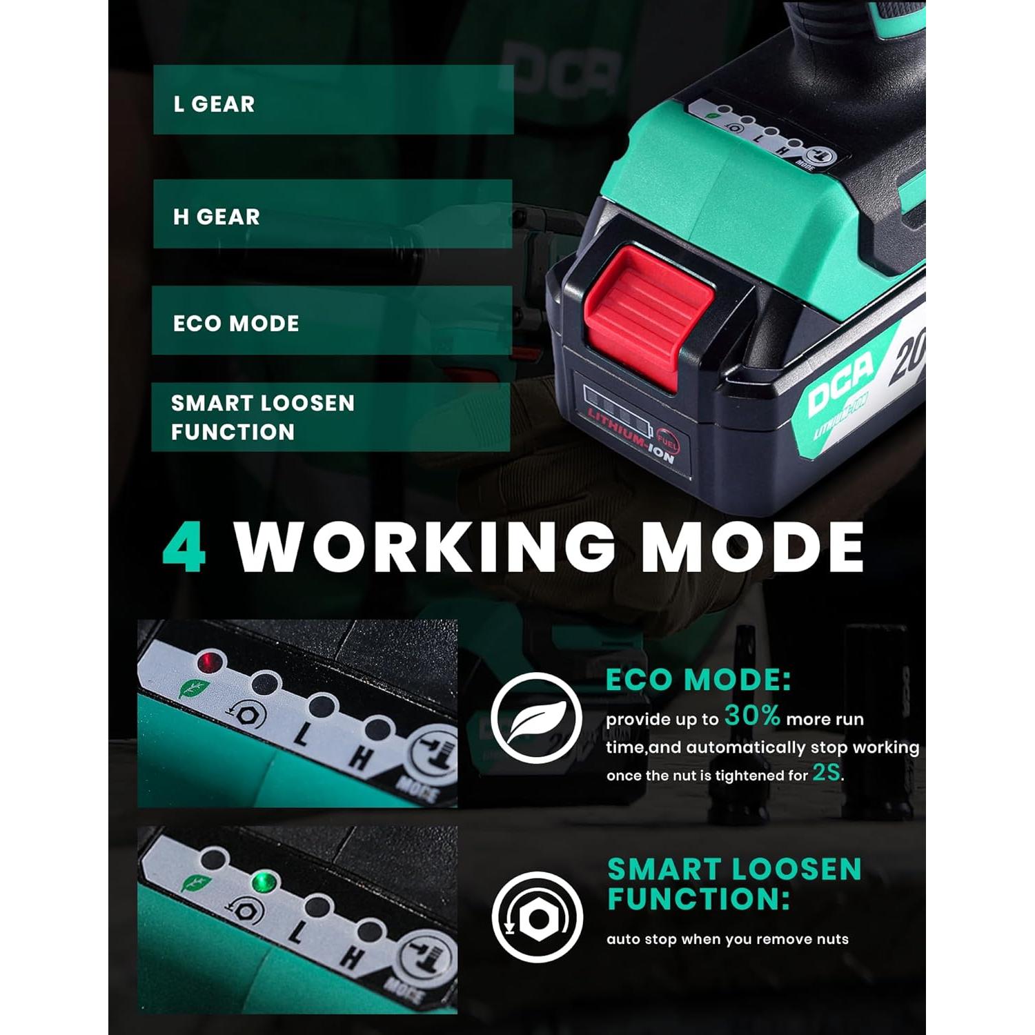 Llave de impacto DCA 20V 1/2" 235 Nm 4 modos y batería