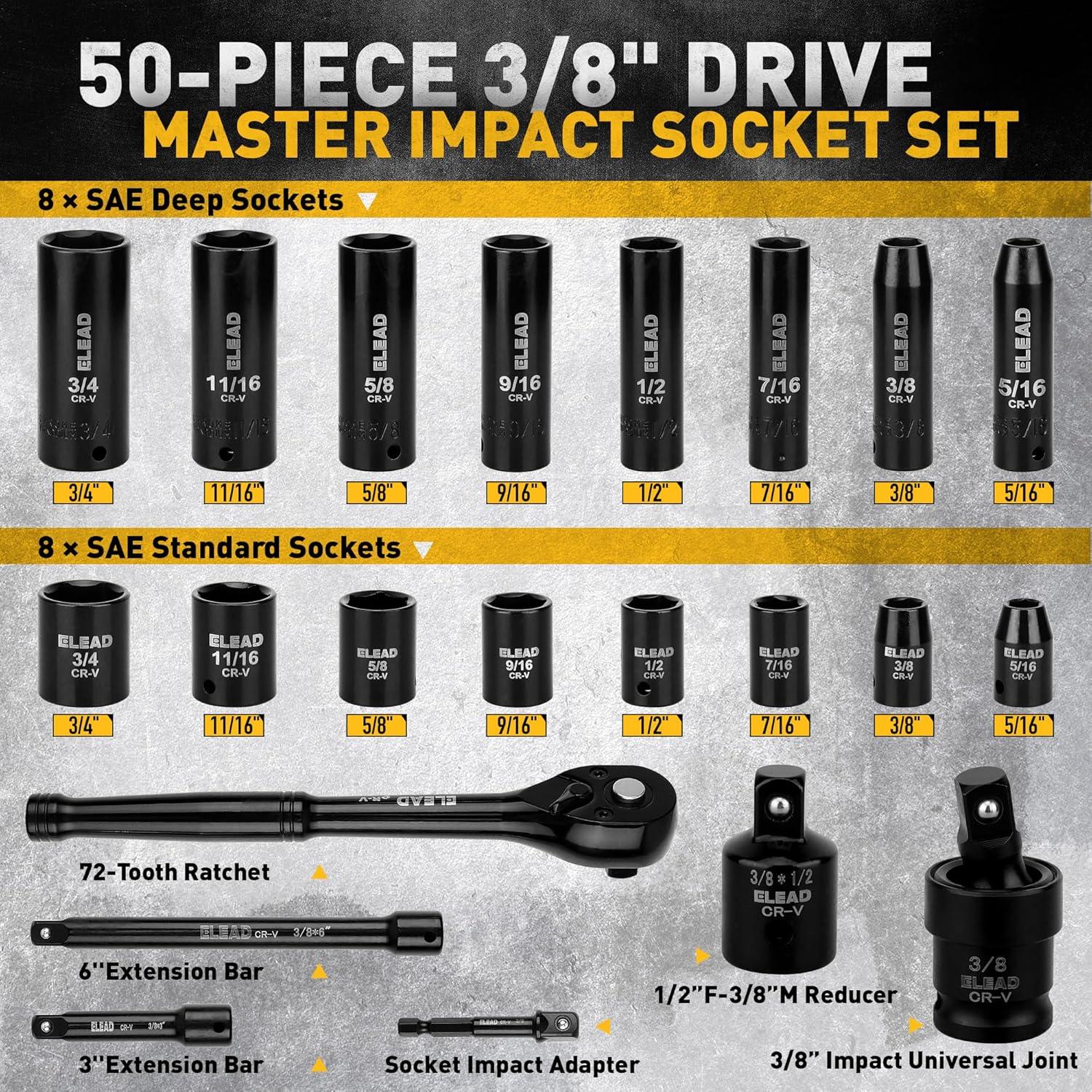 Conjunto de Enchufes de Impacto 3/8'' ELEAD 50 Piezas