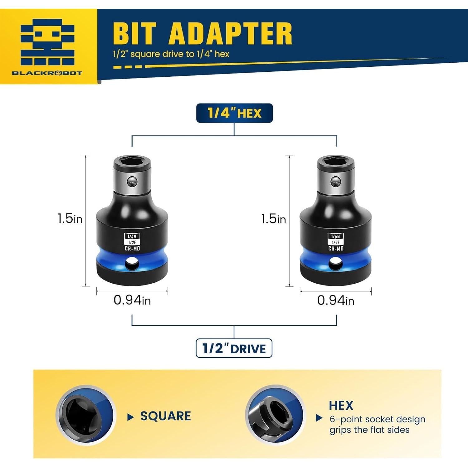 Adaptadores de Socket 1/2 a 1/4 BLACKROBOT 2PCS Acero Cr-Mo