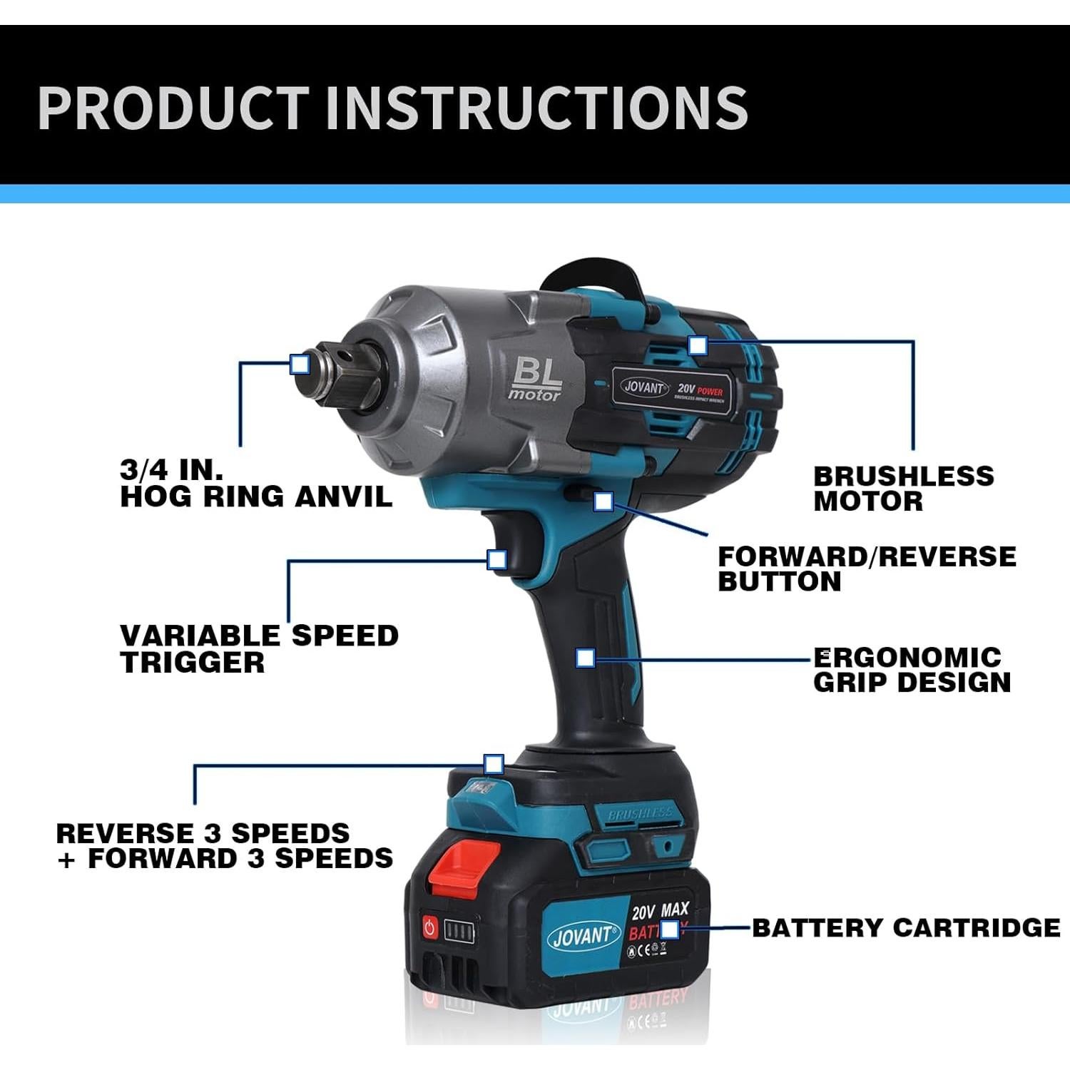 Llave de Impacto Inalámbrica JOVANT 20V 2000N.m 6 Velocidades