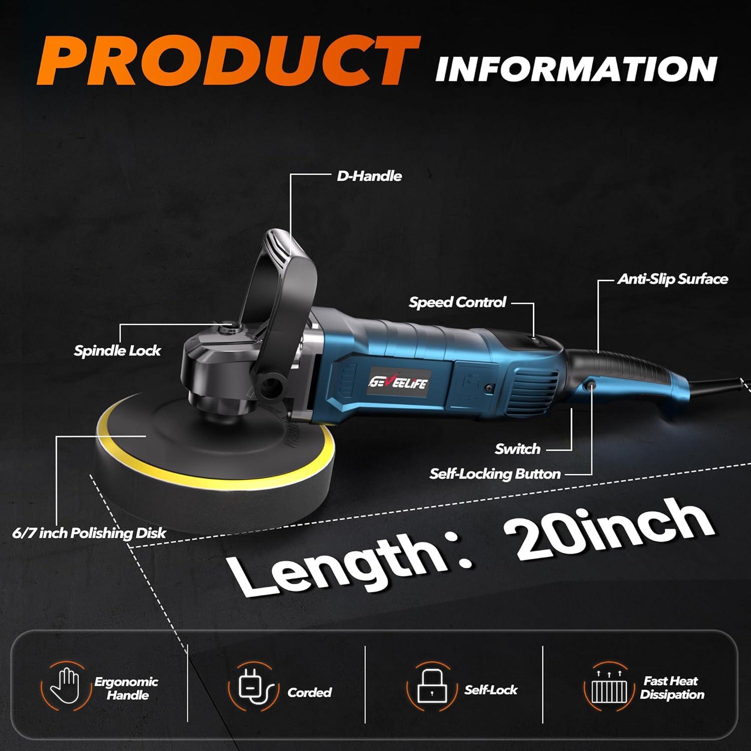 Pulidor Rotativo GEVEELIFE PGJ 1600W 7 Velocidades 2,04kg