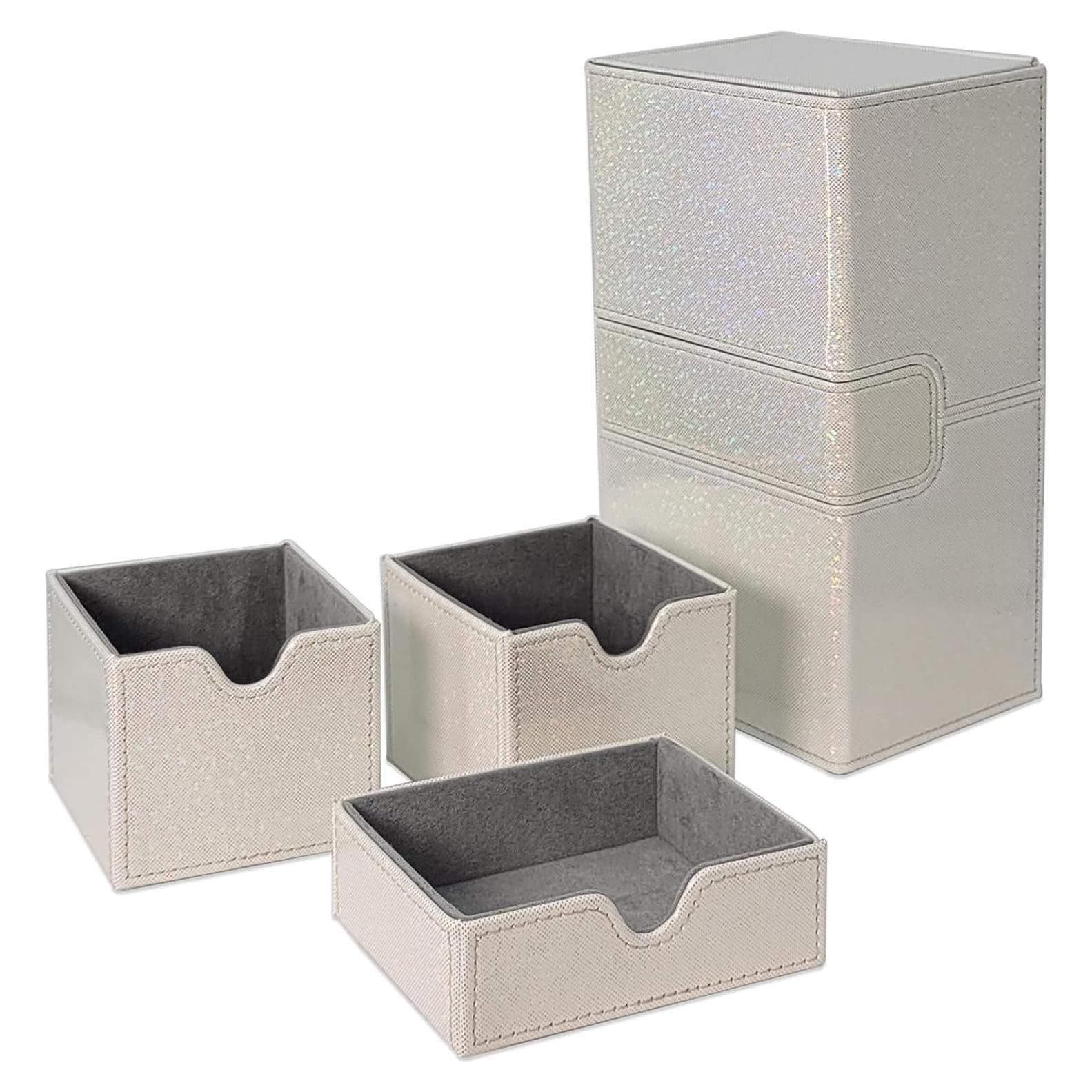 Dmoicols Card Deck Box for 200+ Sleeved Cards, Laser Leather Trading Card Storage Case with 1 Dice Tray & 2 Card Trays Commander Deck Box fit YuGiOh/TCG/MTG/Magic/CCG(3 Drawers Sparkly White)