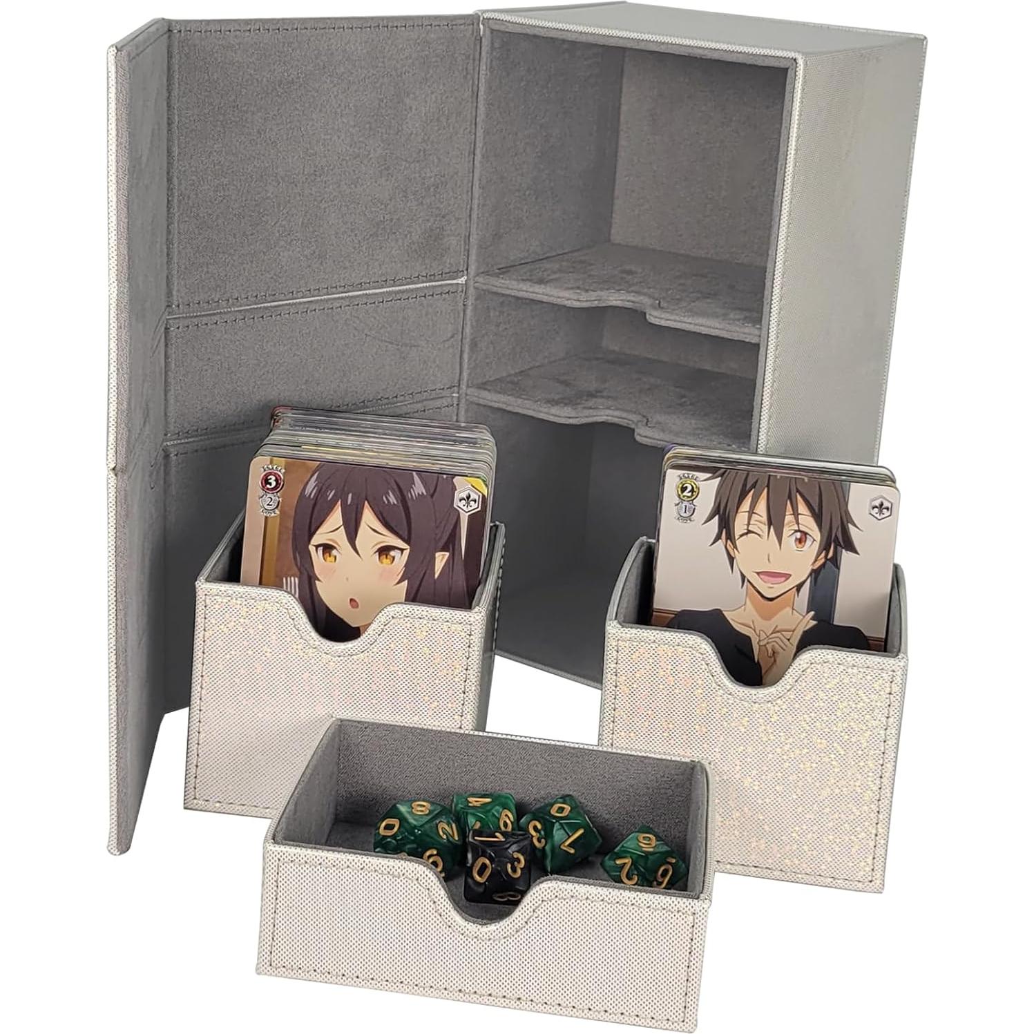 Dmoicols Card Deck Box for 200+ Sleeved Cards, Laser Leather Trading Card Storage Case with 1 Dice Tray & 2 Card Trays Commander Deck Box fit YuGiOh/TCG/MTG/Magic/CCG(3 Drawers Sparkly White)