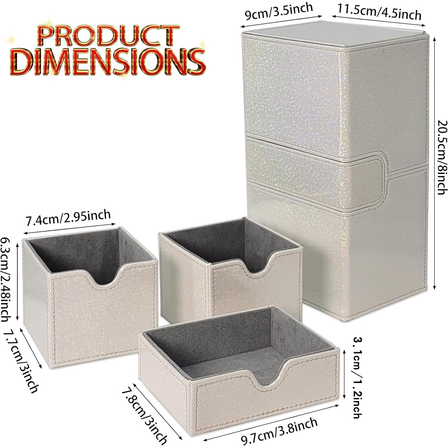 Dmoicols Card Deck Box for 200+ Sleeved Cards, Laser Leather Trading Card Storage Case with 1 Dice Tray & 2 Card Trays Commander Deck Box fit YuGiOh/TCG/MTG/Magic/CCG(3 Drawers Sparkly White)