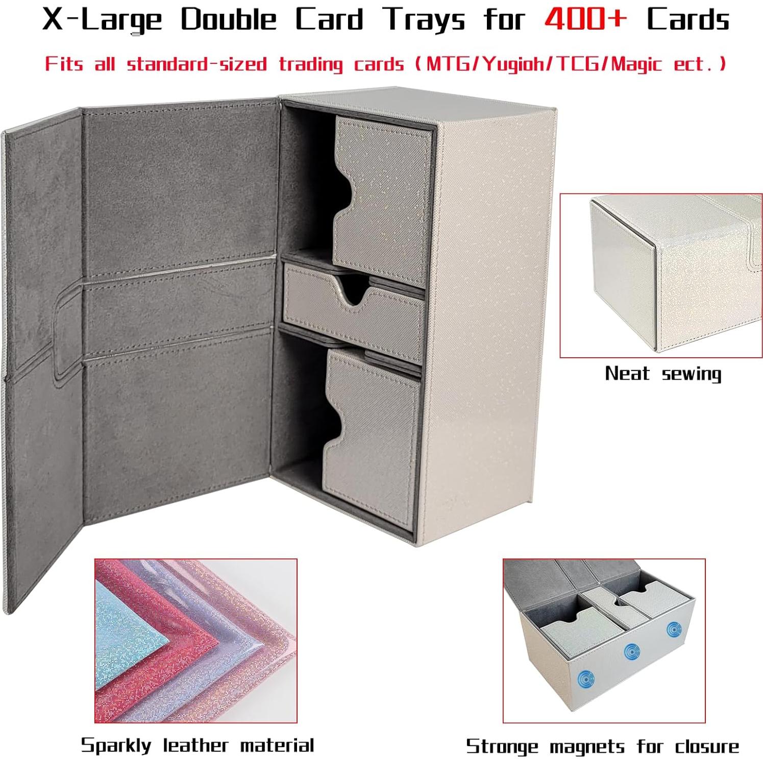 Dmoicols Card Deck Box for 200+ Sleeved Cards, Laser Leather Trading Card Storage Case with 1 Dice Tray & 2 Card Trays Commander Deck Box fit YuGiOh/TCG/MTG/Magic/CCG(3 Drawers Sparkly White)