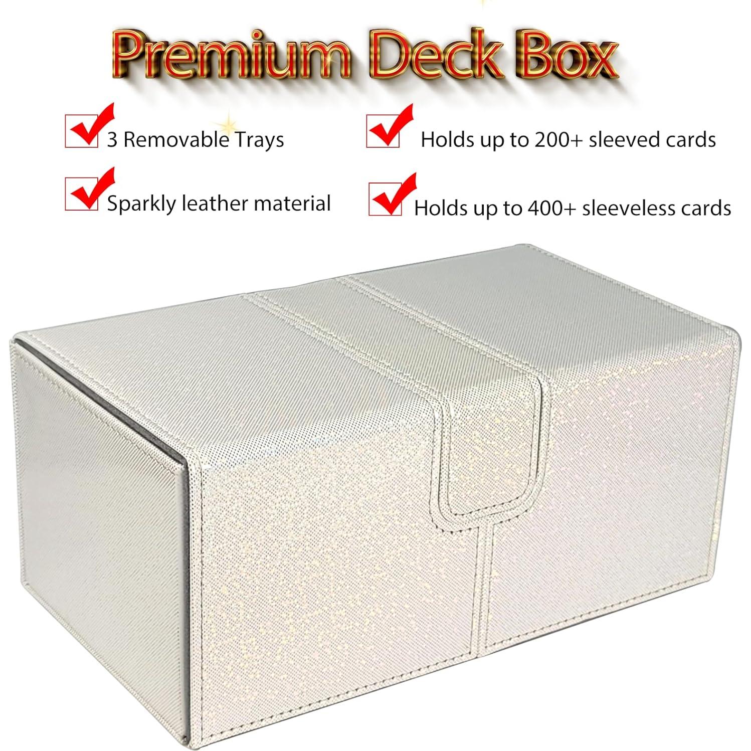 Dmoicols Card Deck Box for 200+ Sleeved Cards, Laser Leather Trading Card Storage Case with 1 Dice Tray & 2 Card Trays Commander Deck Box fit YuGiOh/TCG/MTG/Magic/CCG(3 Drawers Sparkly White)