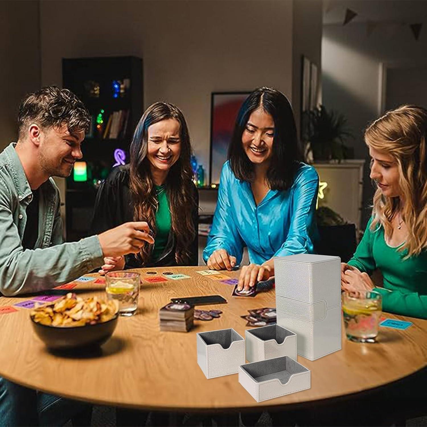 Dmoicols Card Deck Box for 200+ Sleeved Cards, Laser Leather Trading Card Storage Case with 1 Dice Tray & 2 Card Trays Commander Deck Box fit YuGiOh/TCG/MTG/Magic/CCG(3 Drawers Sparkly White)