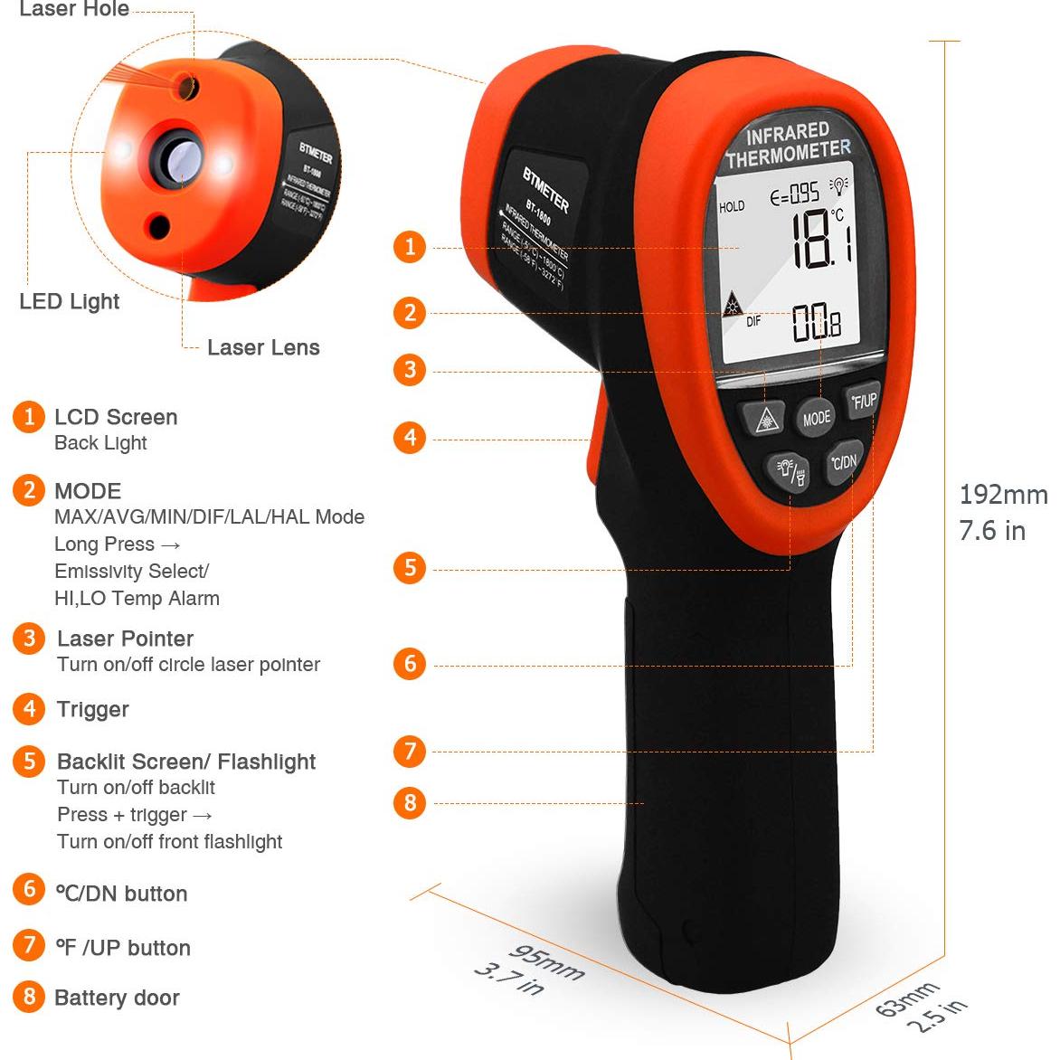 Termómetro Infrarrojo BTMETER BT-1800 -50 a 1800°C 50:1