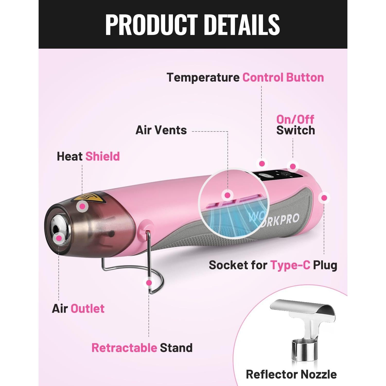 Pistola de Calor Inalámbrica WORKPRO 7.2V 360°C 3 Temperaturas