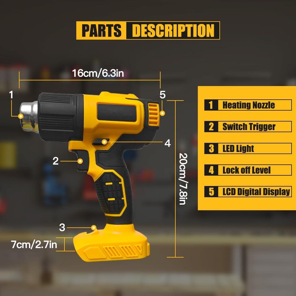 Pistola de Calor Inalámbrica Dewalt 20V LCD 50-550°C 5 Boquillas