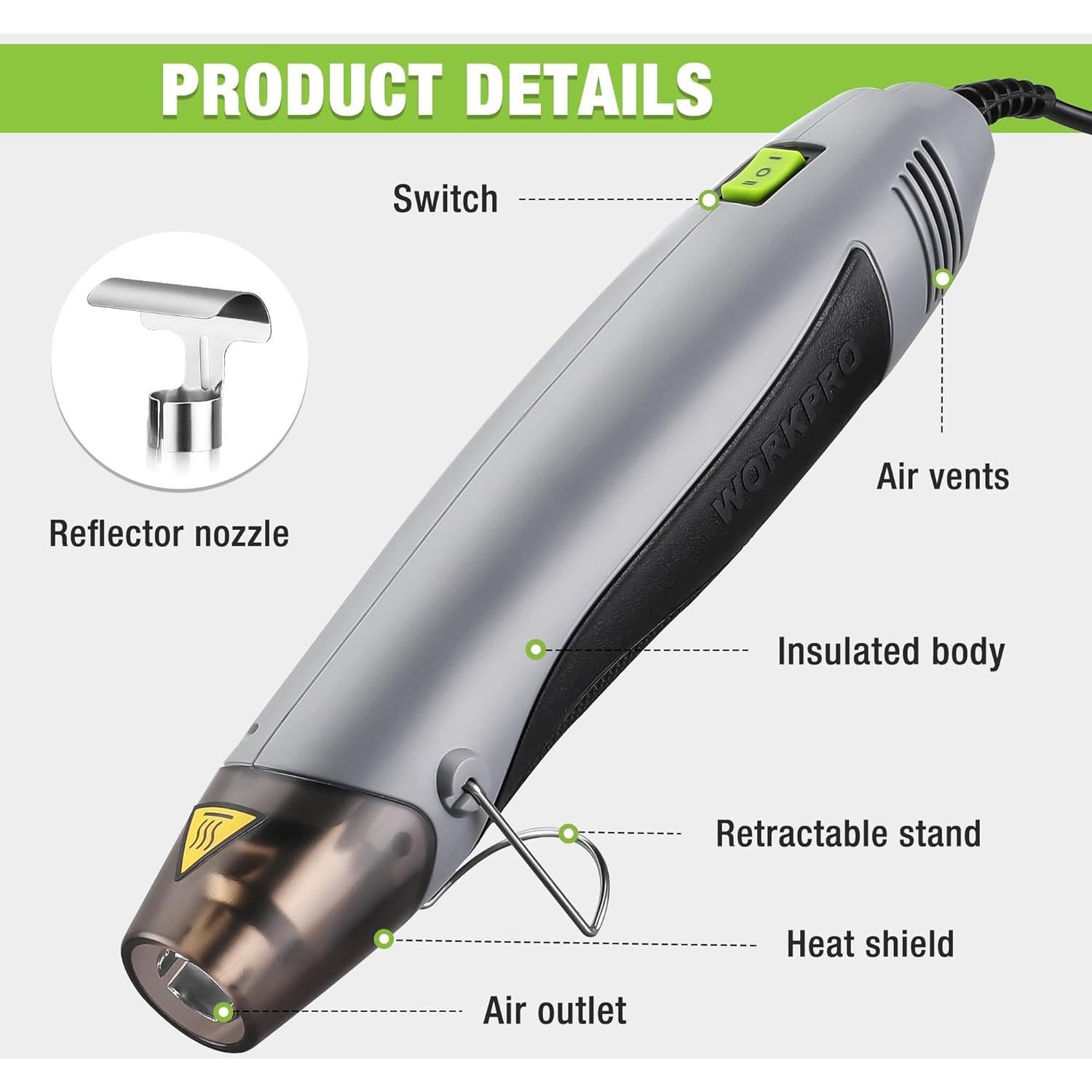 Pistola de Calor WORKPRO 400W 2 Temperaturas 1.8m Cable