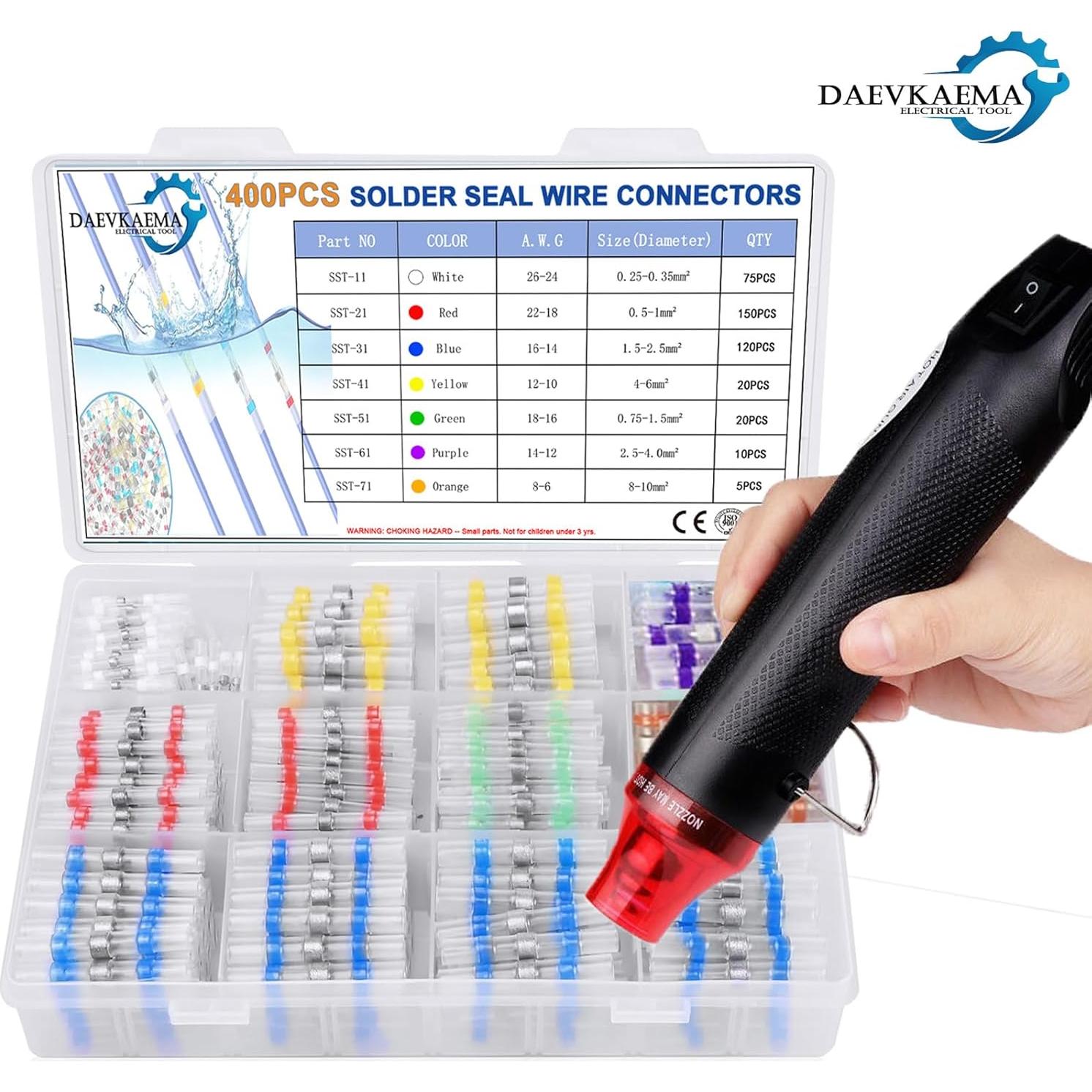 400 Conectores de Cable + Daevkaema + Pistola de Calor