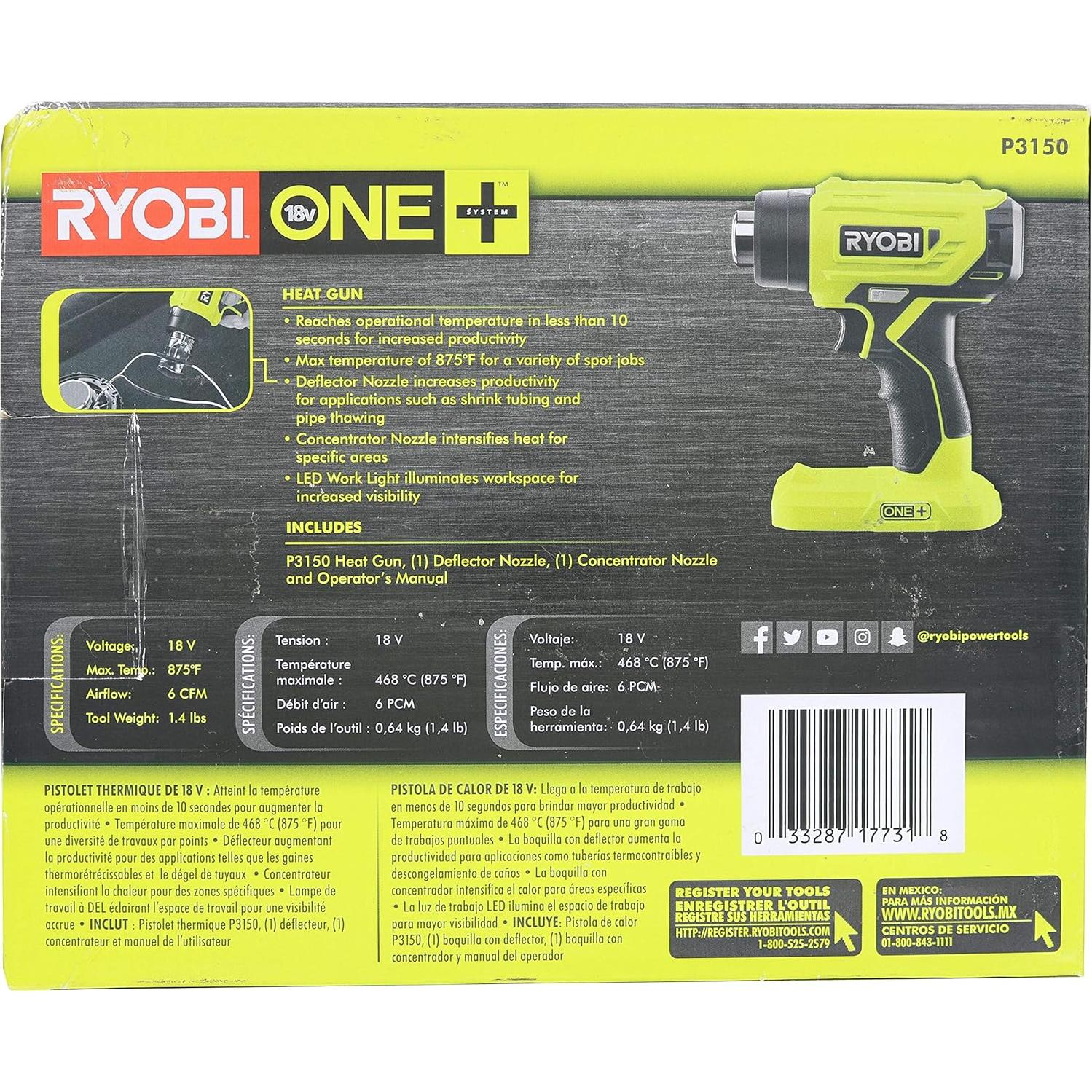 Pistola de Calor Inalámbrica Ryobi P3150 18V con Boquillas