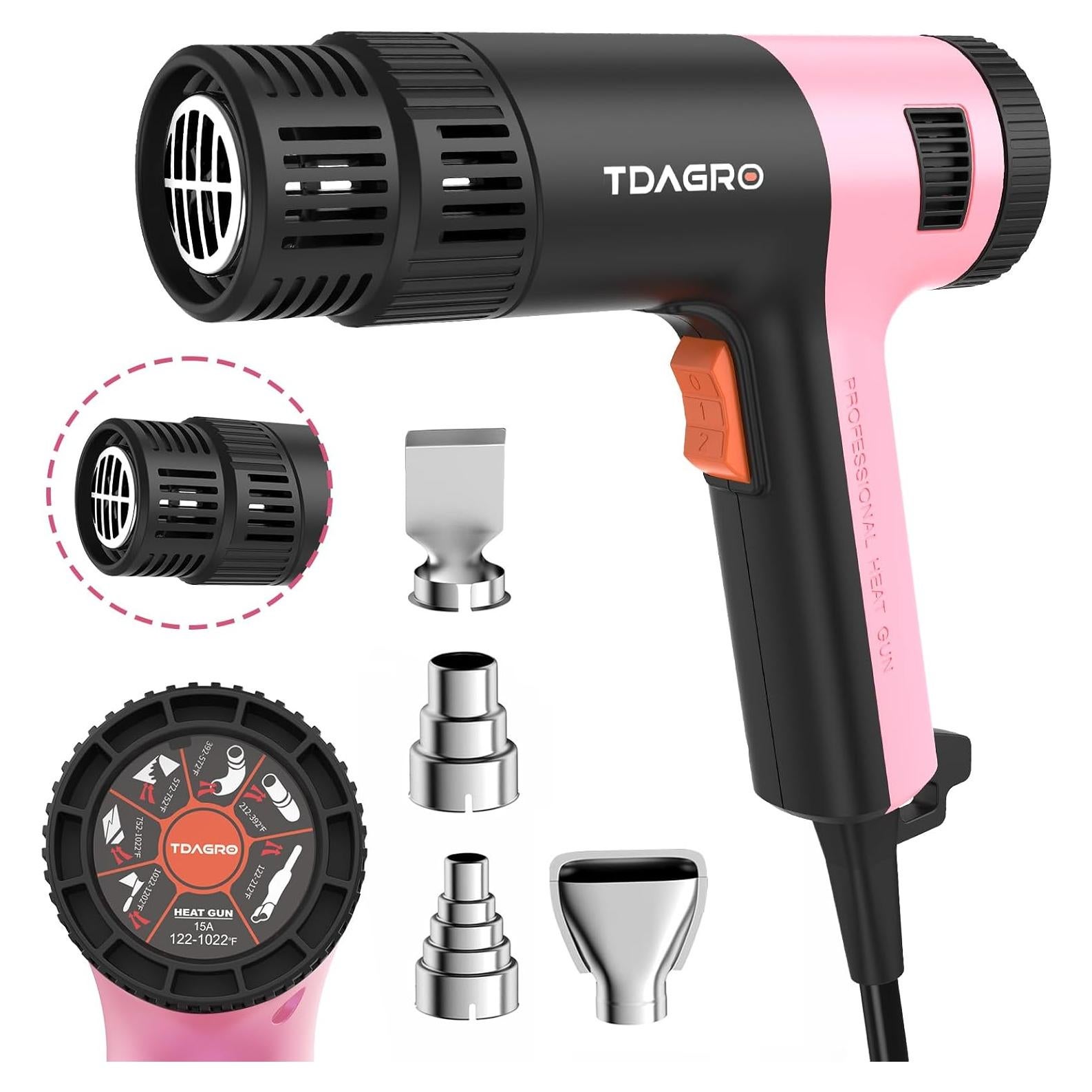 Pistola de Calor TDAGRO 1800W Rosa 650°C 4 Boquillas