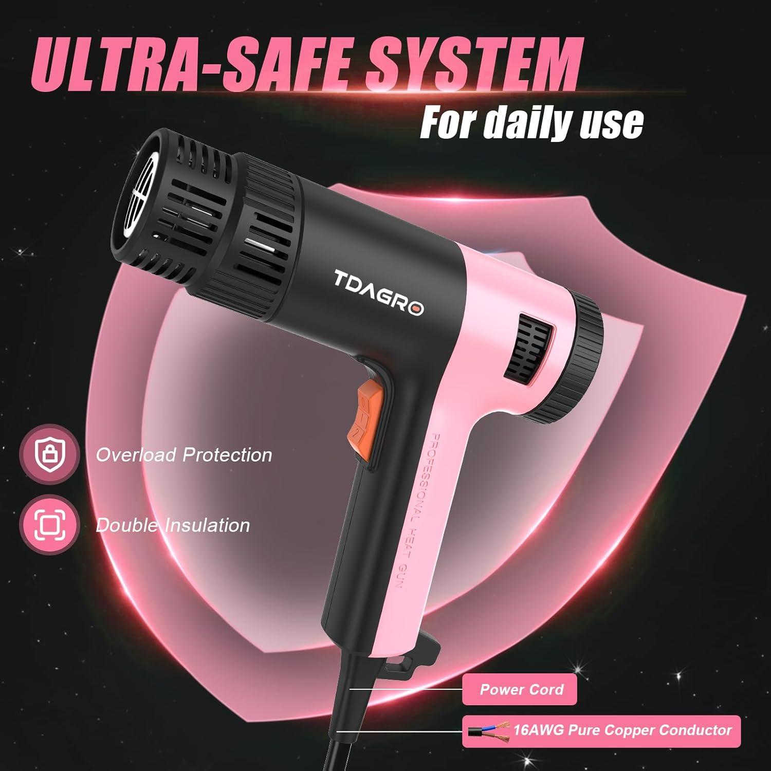 Pistola de Calor TDAGRO 1800W Rosa 650°C 4 Boquillas