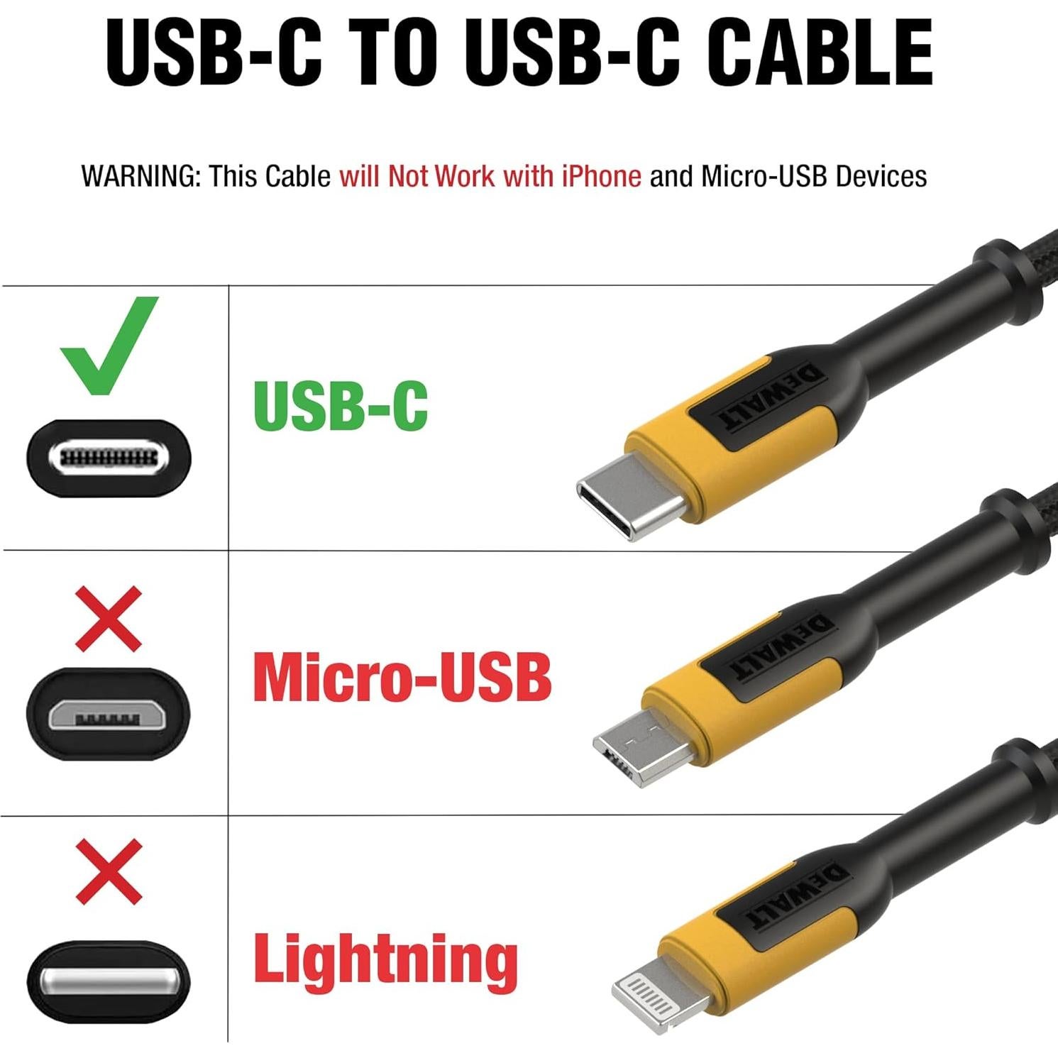 Cable USB C DEWALT 60W 182.88 cm carga rápida tipo C