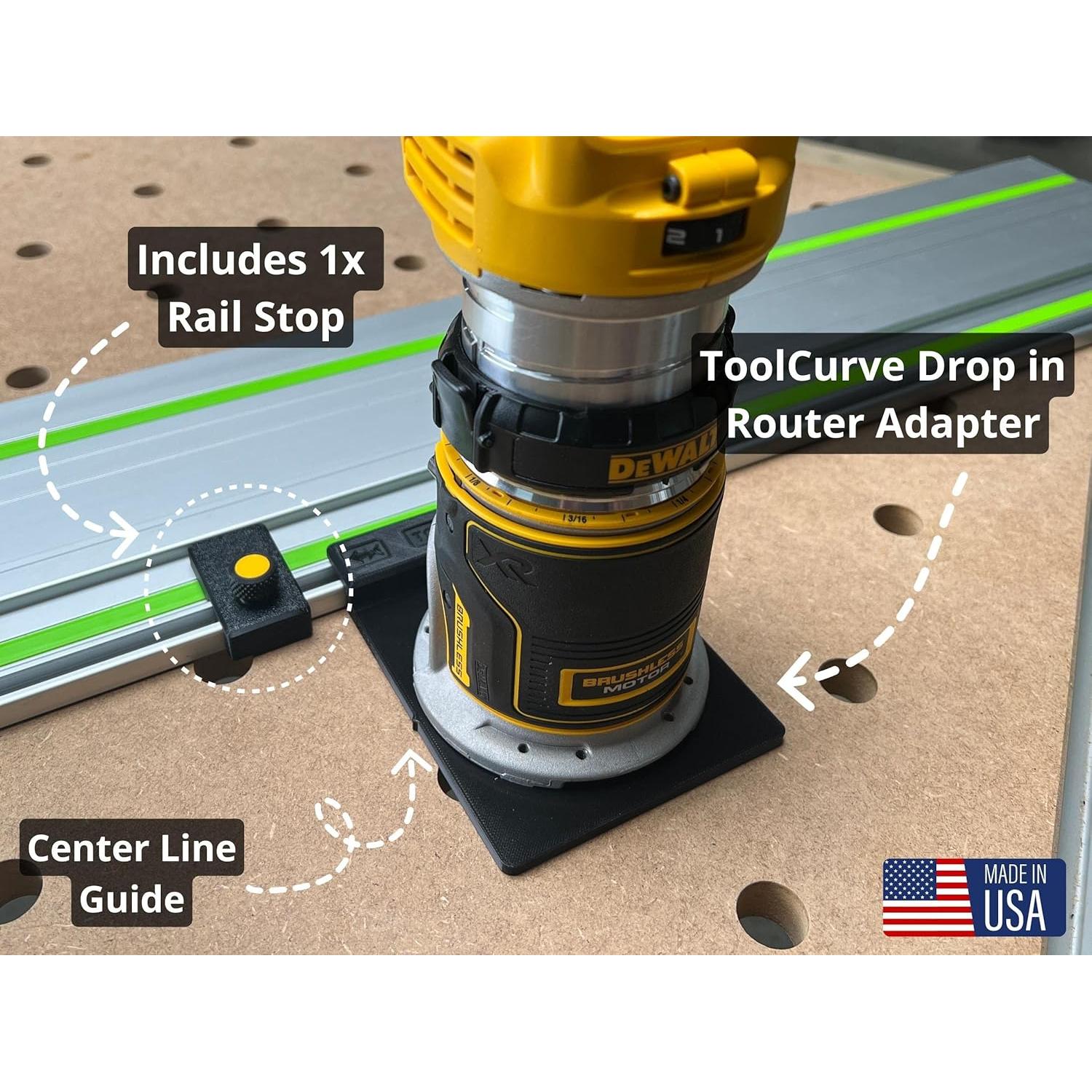 Adaptador de riel guía ToolCurve para router Dewalt - Hecho en EE. UU.